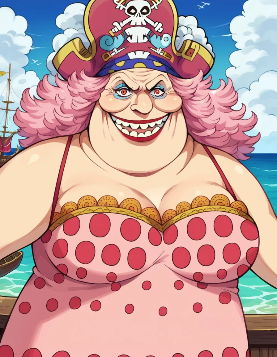 score_9, score_8_up, score_7_up, source_anime,
linlincharlotte, <lora:linlin-charlotte-ponyxl-lora-nochekaiser:1>,
linlin charlotte, pink hair, orange eyes, fat, giant, lipstick, makeup,
hat, dress, jewelry, ring, polka dot, pink dress, pirate hat, skull and crossbones,
outdoors, ship, ocean, pirate ship,
(portrait:1.5),