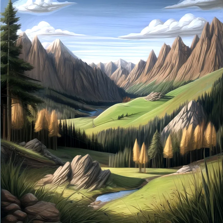 (pbxdbzstyle), landscape, mountains, trees, grass, nature, summer, best quality, high quality, masterpiece, <lora:Artist_Style_-_Pandoras_Box:1.0>