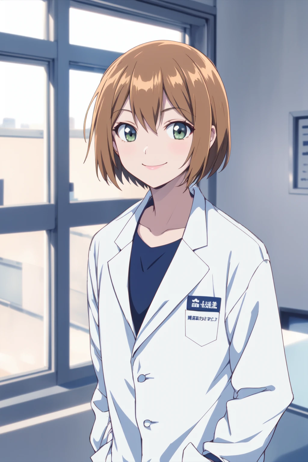 (RAW photo, best quality), 1girl,  natural lighting,  <lora:shouko_dr_elise_v1_2-000004:1>, shouko, labcoat,smile,