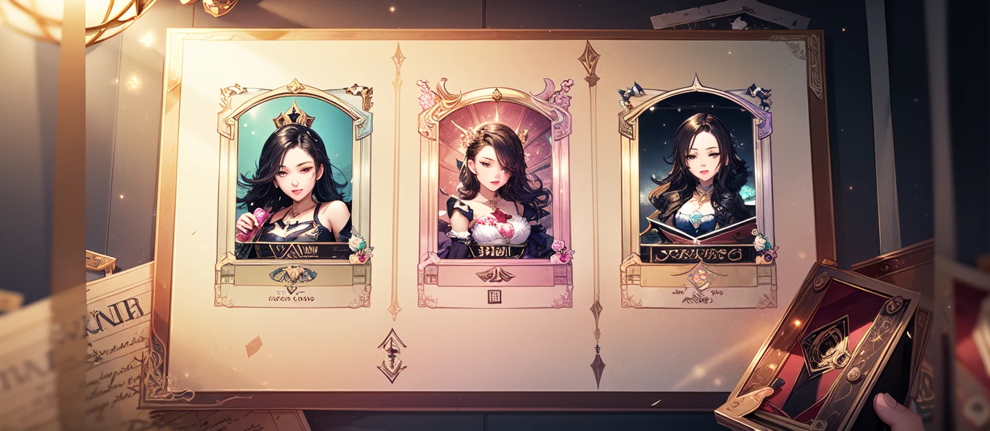 game interface,Card display,Background (pink theme/gradient),multiple tarot cards,love,black hair,
Exquisite,high-definition,(((high-quality))),
<lora:huanqing_zhizhangee:0.8>,