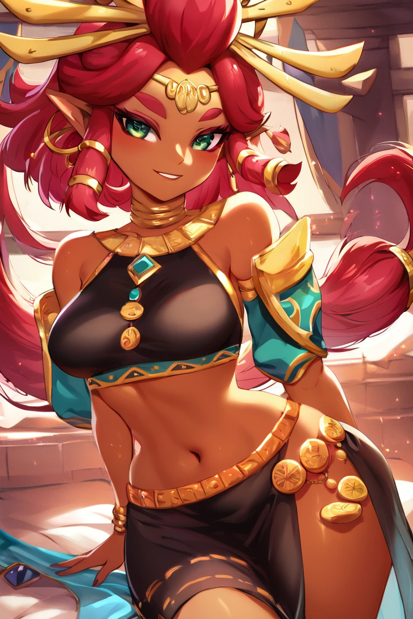 score_9, score_8_up, score_8, medium breasts, (curvy), cute, eyelashes,        aaRiju, dark skin, midriff, black dress, solo, smiling, smug, looking at viewer, cowboy shot,   <lora:Mdastarou:1>, <lora:Riju_Zelda_TotK_P1:0.7>,