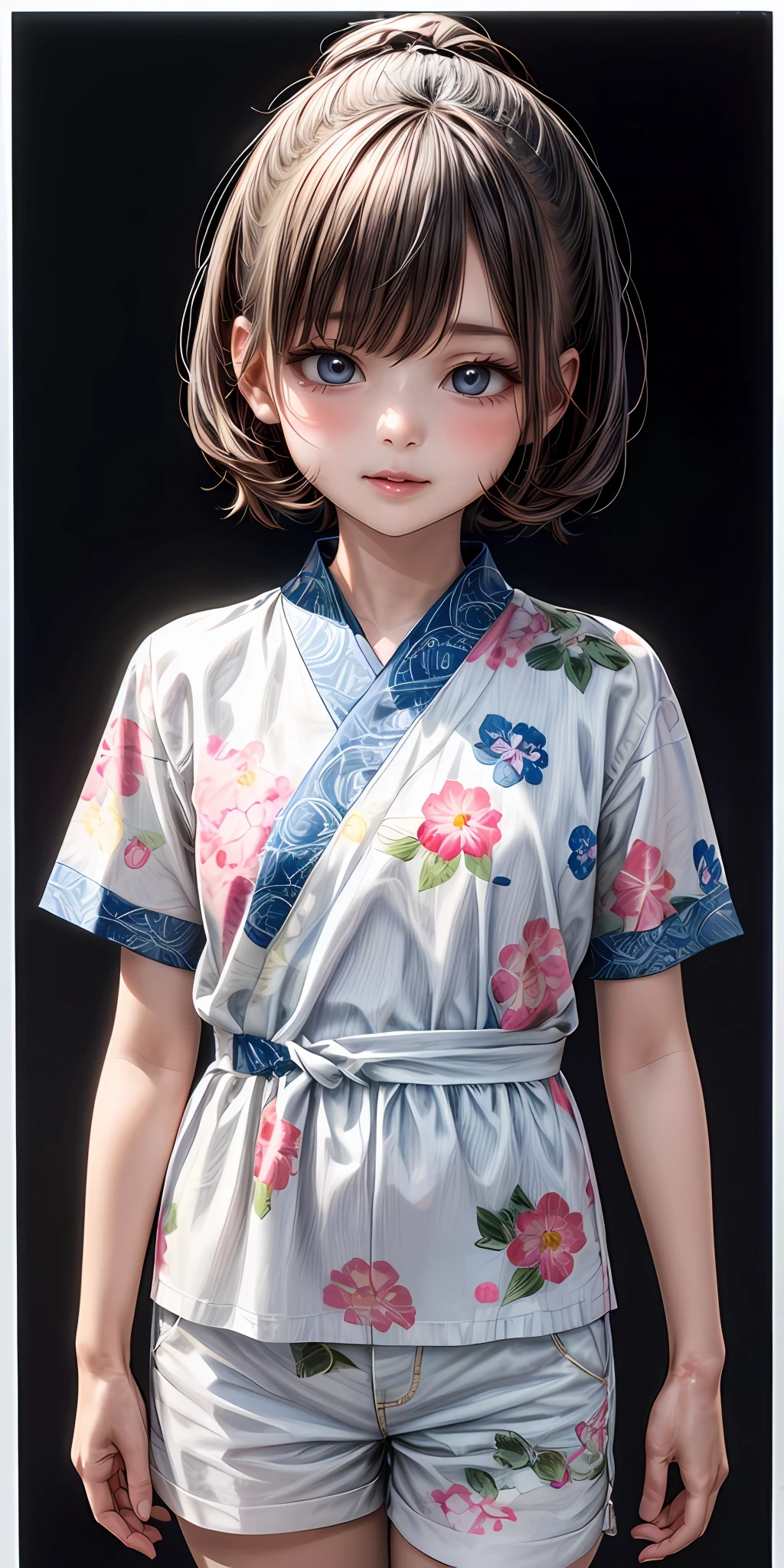 (masterpiece,ultra-detailed,best quality,8K,CG,illustration,shaved:1.0),(girl:1) <lora:more_details:1>,simple background,cowboy shot,kawaii,cute face,
 <lora:jinbei v1.0:0.5> jyojifuku, floral print, short sleeves,white clothes