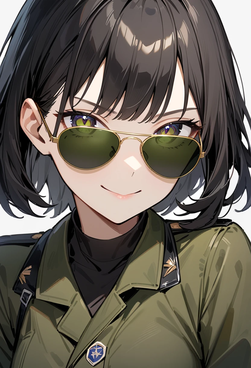 masterpiece, best quality, very aesthetic, absurdres, 
1girl, solo, black hair, medium hair, smile, looking at viewer, upper body, military jacket, 
sg-AVIATOR, sunglasses, yellow-framed eyewear,  darkgreen-tinted eyewear
, white background, simple background,
 <lora:sunglasses_aviator_SDXL_V1:1>