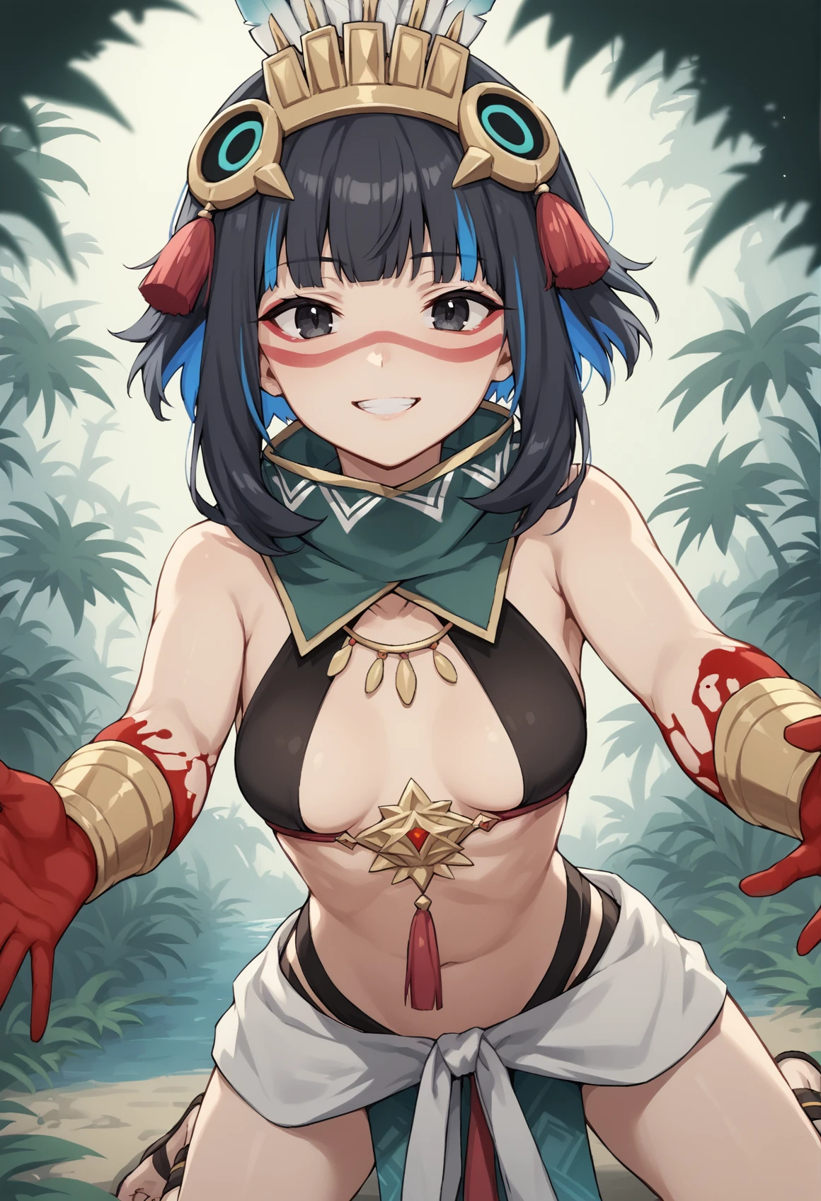 1girl, asc1, short hair, multicolored hair, black hair, sidelocks, colored inner hair, blue hair, eyeliner, blood on hands, blood, feathers, headdress, facepaint, jewelry, pelvic curtain, bracer, tassel, high collar, detached collar, sash, sandals, halterneck, bare shoulders, skirt, toeless legwear, standing, outdoors, jungle, reaching towards viewer, seductive smile, close-up. girl on top, from below, upper body, all fours. kneeling, incoming kiss, <lora:Tenochtitlan (city):0.8>, score_9, score_8_up, score_7_up, score_6_up, score_5_up, score_4_up, BREAK source_anime, masterpiece