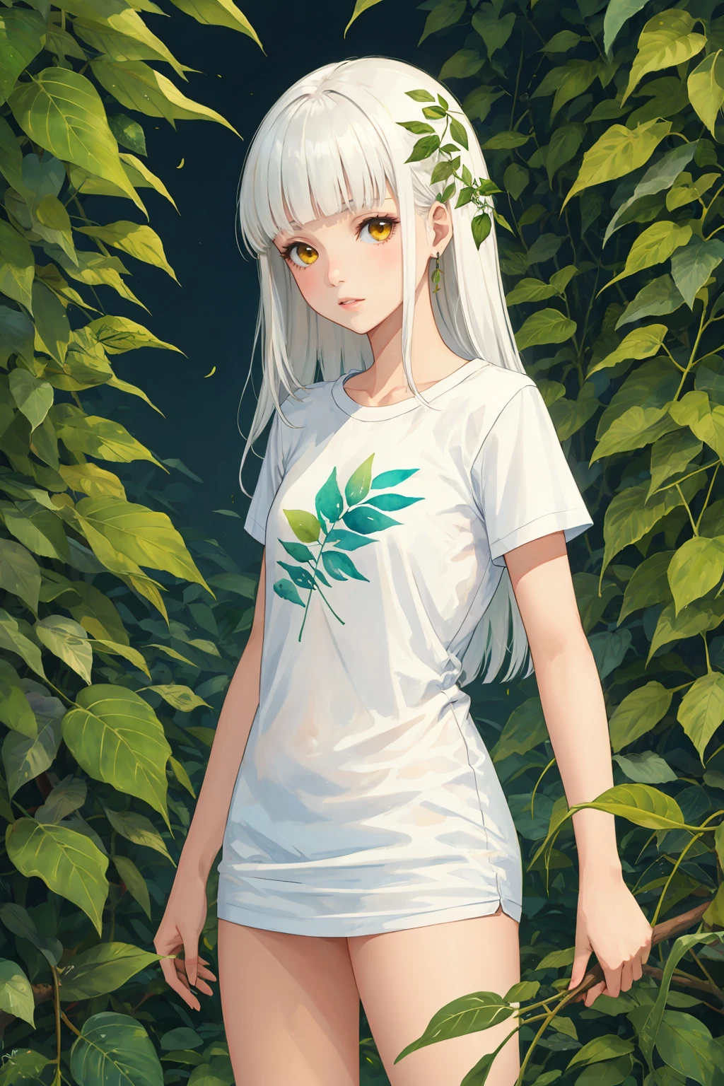 1girl, hazel yellow eyes, white hair, long hair, blunt bangs, hime cut, small breast, t-shirt, watercolor style, flower, leaf, vines, floral work