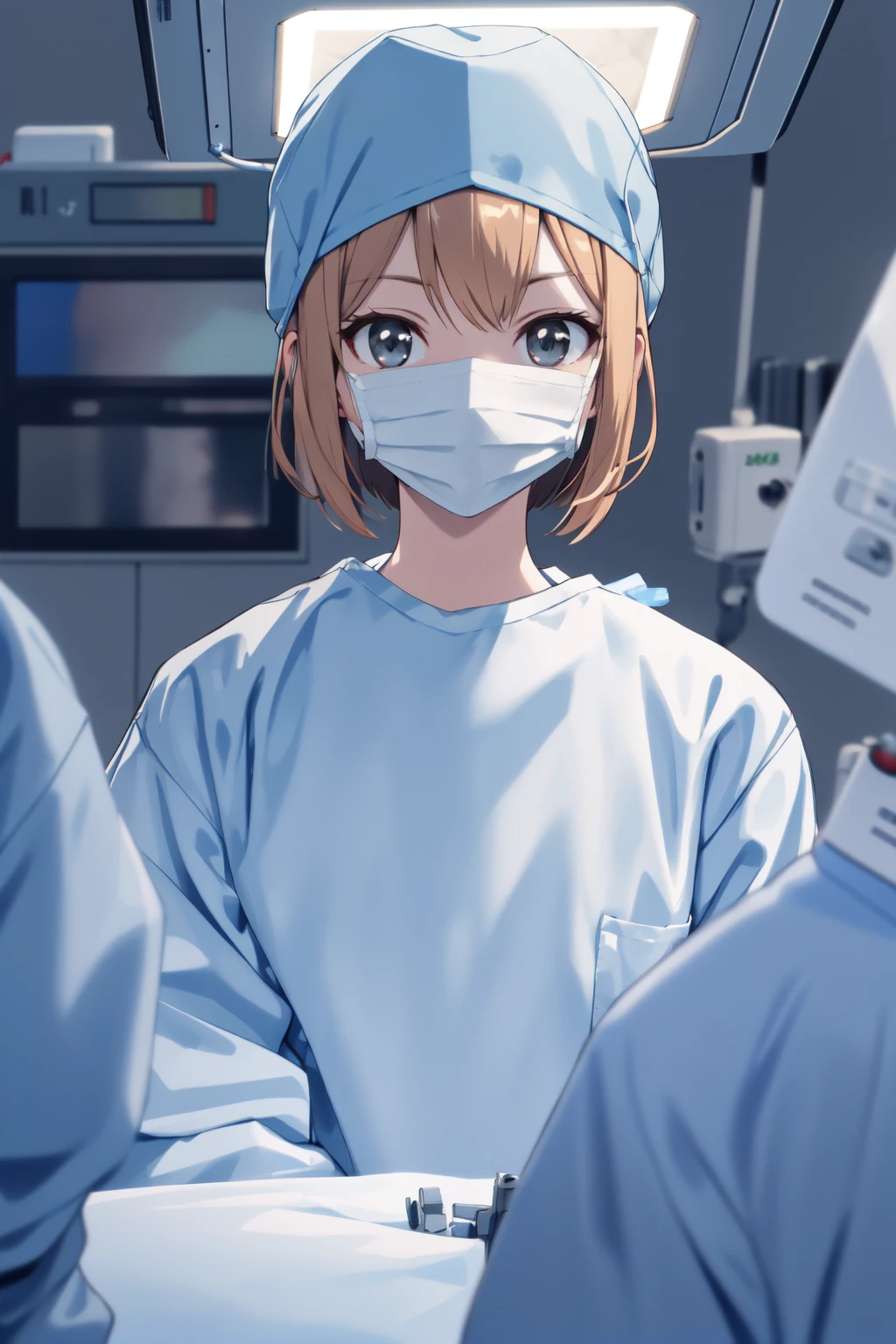 (RAW photo, best quality), 1girl, long sleeve surgical outfit, surgical mask,  surgical gloves, surgical cap,  operating room, overhead surgical light, dslr, blurred background, focused
 <lora:ConceptClothingSurgicalOutfit1_1:0.8>,
<lora:shouko_dr_elise_v1_2-000004:1>, shouko, looking at viewer,