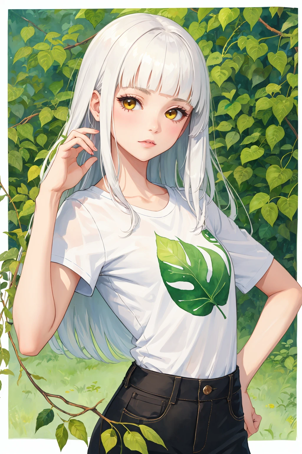 1girl, hazel yellow eyes, white hair, long hair, blunt bangs, hime cut, small breast, t-shirt, watercolor style, flower, leaf, vines, floral work, upper body, pose, contrapposto