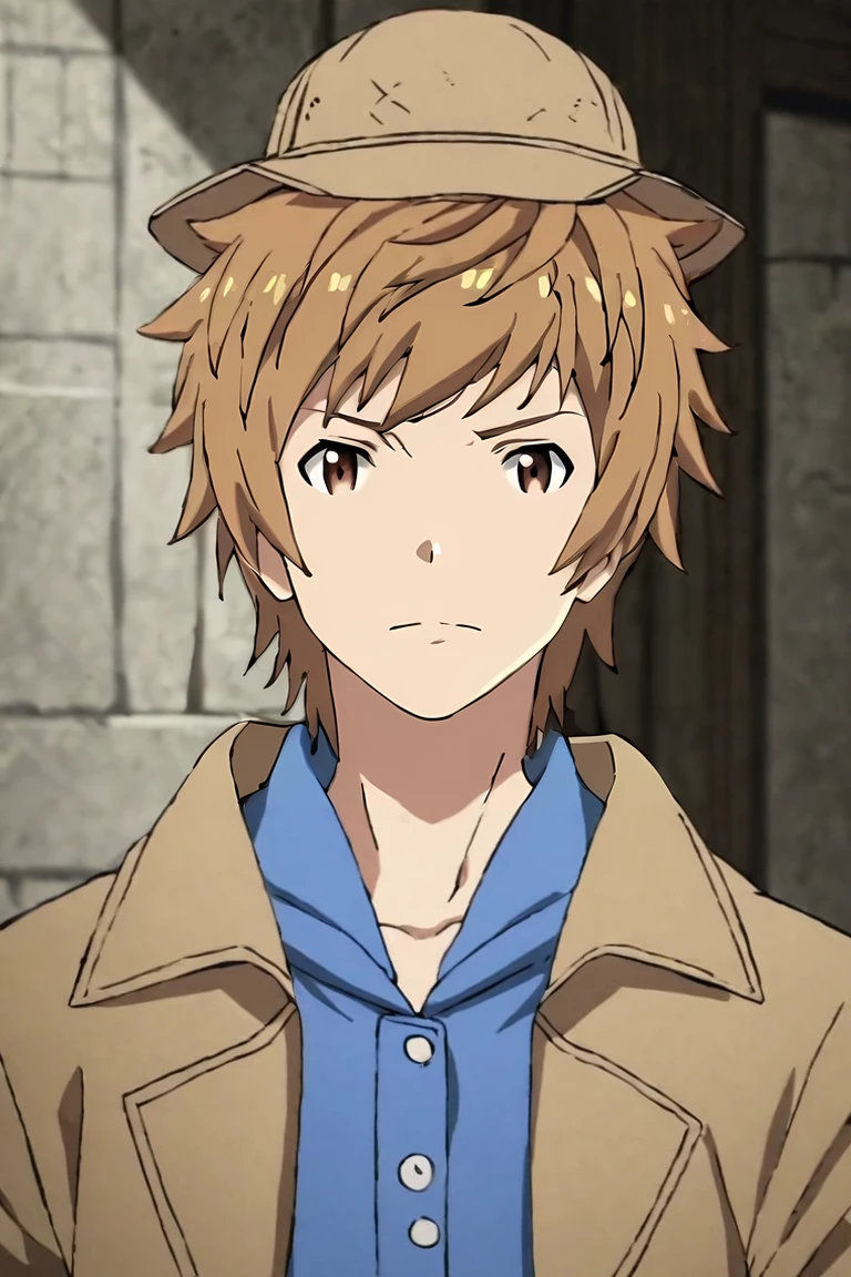 score_9, score_8_up, score_7_up, score_6_up, score_5_up, score_4_up, BREAK source_anime, anime screencap, , official style, looking at viewer, , depth of field, 1boy, solo, male focus, <lora:gran_granblue_fantasy_pony:0.84>, gran_granblue_fantasy, , trench coat, pork pie hat, , , <lora:sdxl_lightning_8step_lora:1>