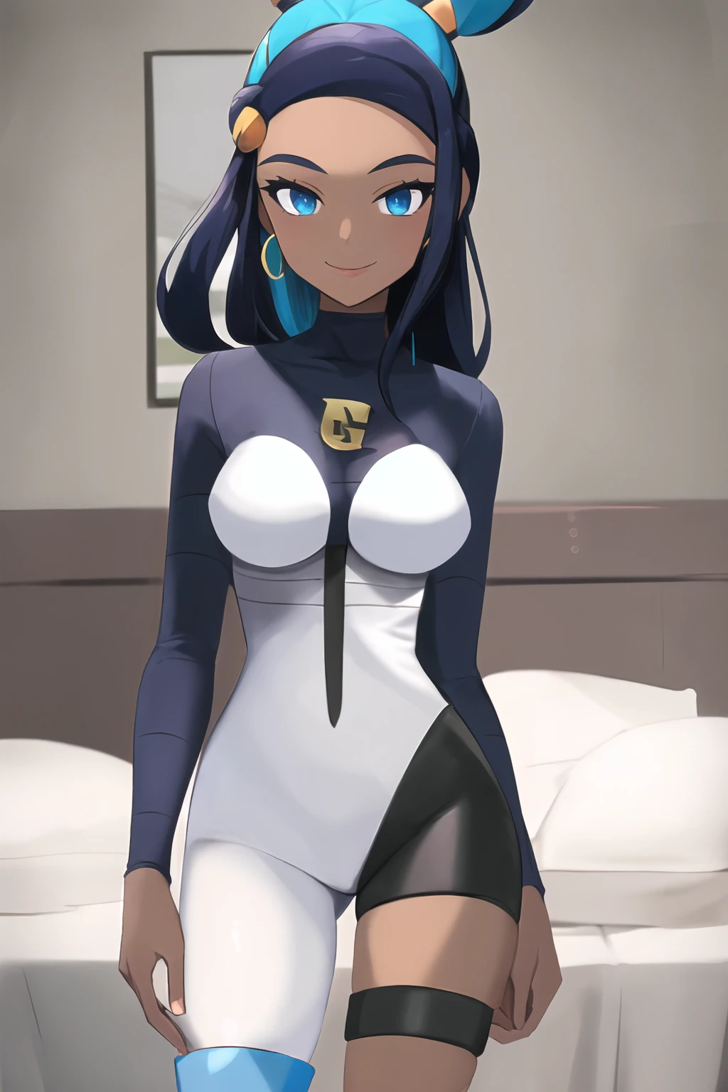 masterpiece, best quality, highly detailed, 1girl, solo, <lora:nessa_pokemon:0.8> (nessa_pokemon:1.2),
dark-skinned female, dark skin, blue eyes, aqua eyes, long hair, black hair, blue hair, aqua hair, multicolored hair, two-tone hair, hair bun, single hair bun, eyeshadow, seductive smile,
standing, bed, bedroom
<lora:team_galactic_jupiter_outfit-04:0.8> (team_galactic_jupiter_outfit:1.3), bodysuit, bare leg, assymetrical legwear, long sleeves, thighband, thigh strap black bodysuit
