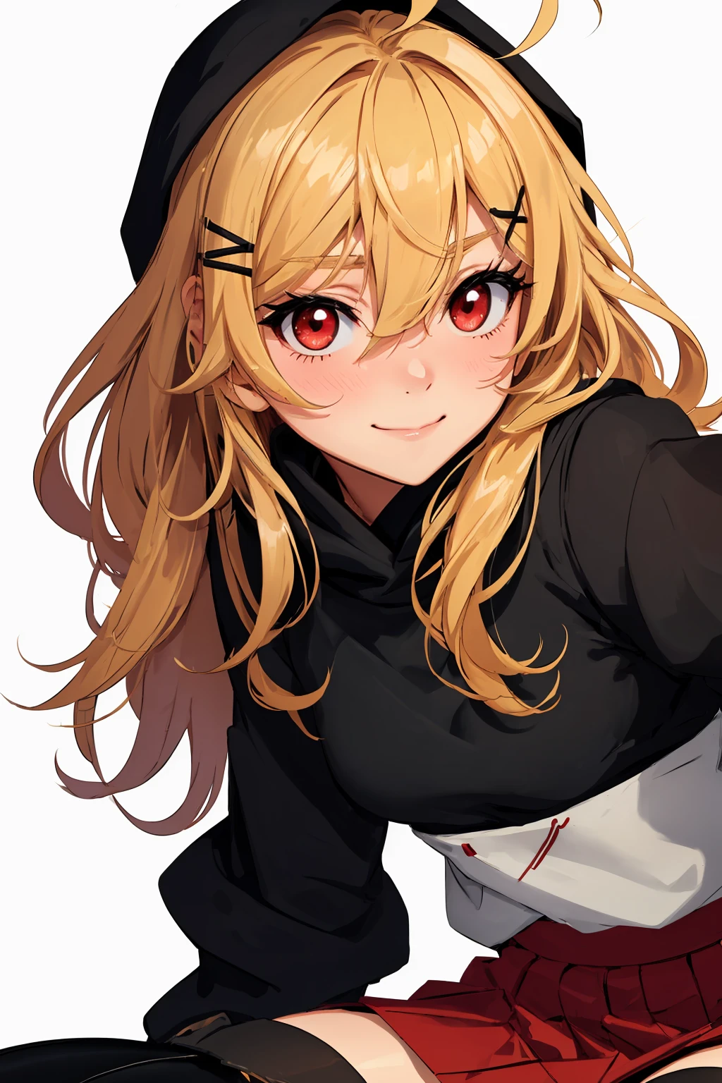 japanese short girl, blond hair, long sharp bangs, (hair between eyes) (messy hair), spiral ahoge, (hair clip X) ((sharp bangs)), (red eyes), detailed eyes, large pupils, pupil gradient, twinkle in the eye, smile, blush, (slightly embarrassed, shy) slim waist, gothic clothes style, Goth, cute, mostly black, cute, pretty eyes, (emo), black hoodie, (red skirt)  (knee-high socks), ((bovver boots)), looking at the viewer, shot ((anime, scene, lineart, art)) depth of color, cute color, (stands) outdoor, japan, street slightly blurred background, (((face close-up)))