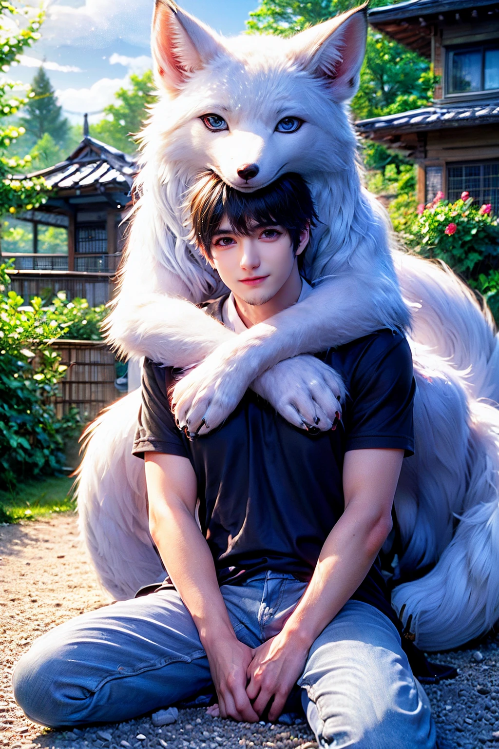 <lora:huzhilian-9:0.8>,super high resolution,best quality,Photos,4k,(Realistic:1.2),(huzhilian:1.2),hug,a boy,fox,sit down,