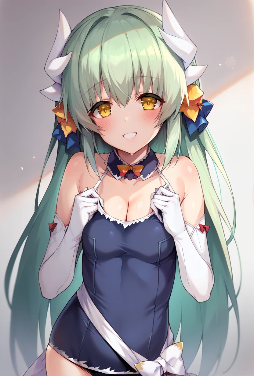 score_9,score_8_up,score_7_up,score_6_up,score_5_up,score_4_up, source_anime, <lora:kiyohime_(lancer)_XL_1:1> bbkiyo, long hair, green hair, white horns, hair flower, yellow eyes, detached collar, cleavage, school swimsuit, blue one-piece swimsuit, elbow gloves, white gloves, sash, blush, smile, <lora:blue_gk-Style-PonyXL-000017:1>