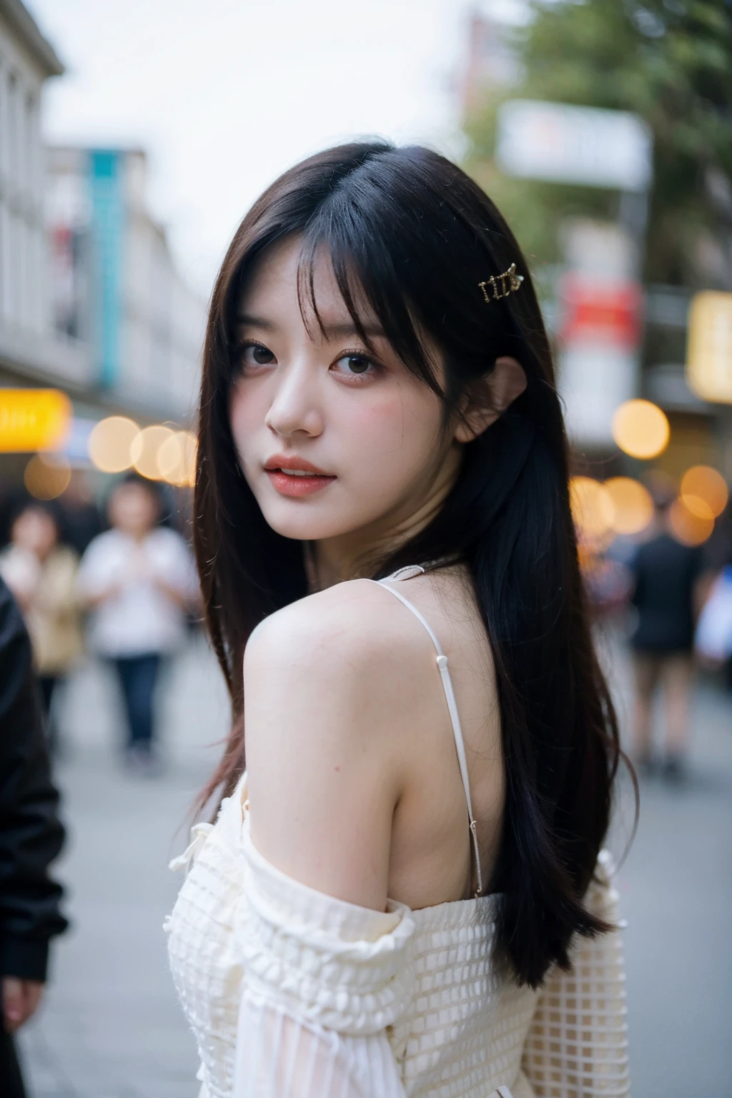 Best quality, masterpiece, ultra high res, (photorealistic), raw photo,1girl, skinny, upper body,solo, realistic, looking at viewer, long hair, bokeh background, city streets,brown eyes, bohemian dress,  <lora:makina69_parkminju_v1.0:1>