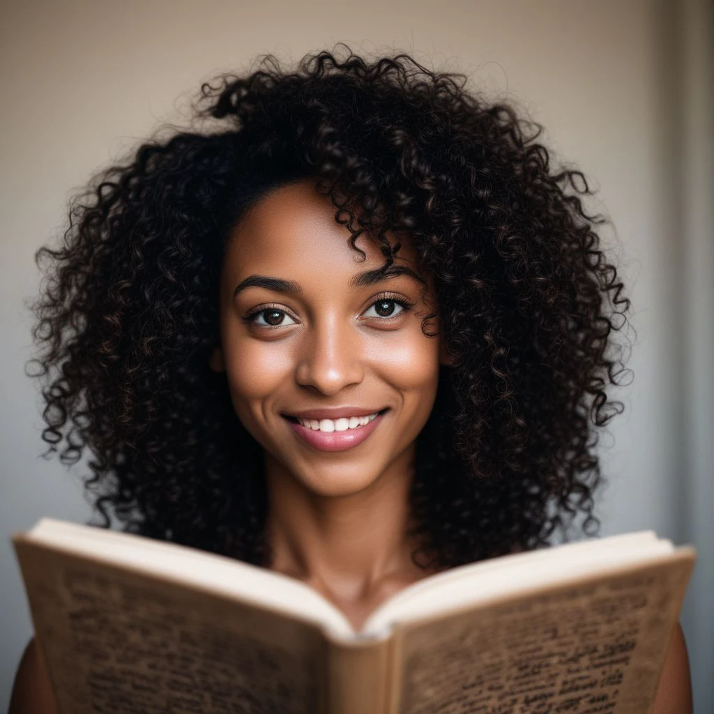 shallow_dof, Jamaican woman reading a book, black skin, high cheeks, (chubby face:1.3), brown eyes, red lips, smile, curly black hair to her shoulders, close-up, detailed face, backlit, spotlight on face