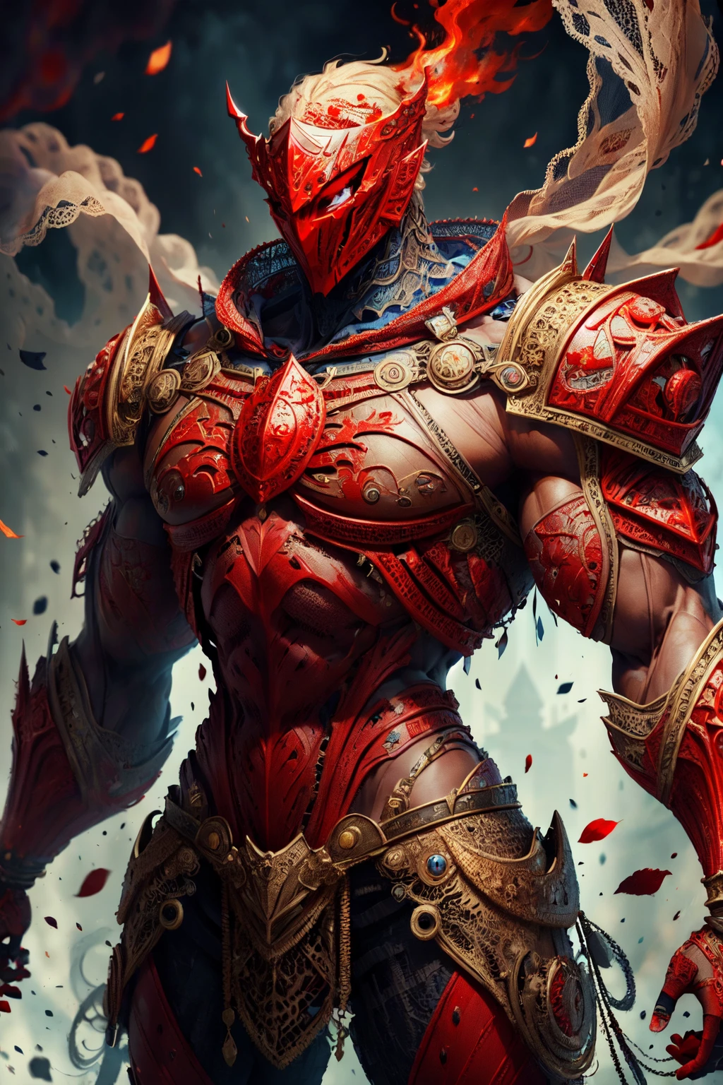 masterpiece, best quality, expressive eyes, absuredres, <lora:WorldofLace1.0:1>, 1man, muscular, armoured, looking at viewer, red,mask,
