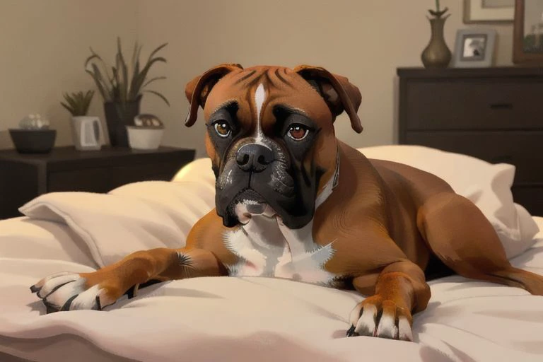 ASCII Dog, boxer dog, chilling in bed, realistic, hdr, real dog, cute, furry dog, looking at viewers, boxer dog sitting on someone,