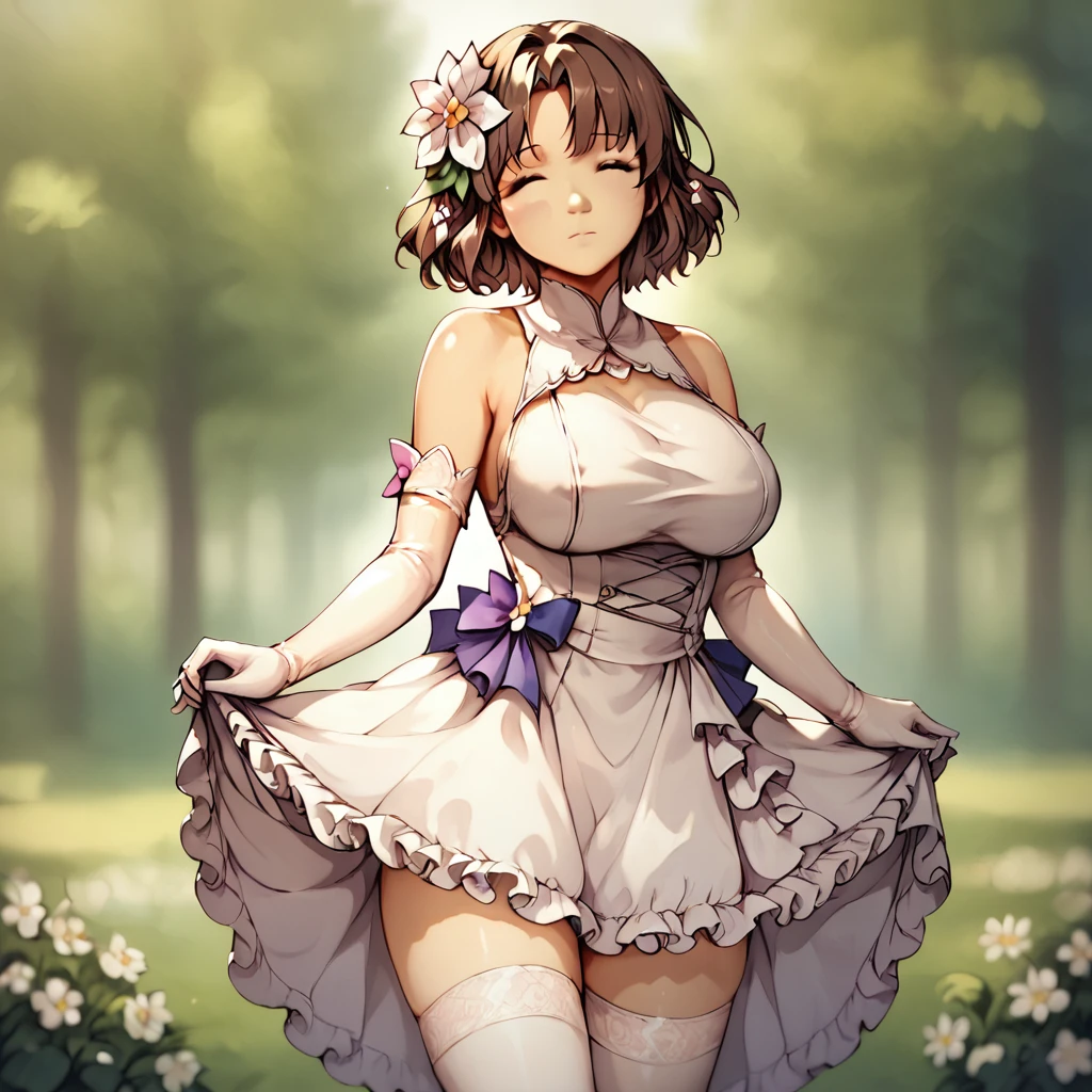 score_9, score_8_up, score_7_up,
ChiffonFairchild,1girl,solo,breasts,short hair,closed mouth,large breasts,brown hair,hair ornament,thighhighs,gloves,dress,bare shoulders,closed eyes,flower,cowboy shot,frills,elbow gloves,white gloves,hair flower,white dress,white thighhighs,blurry background,facing viewer,skirt hold
 <lora:Chiffon_Fairchild_v2-6:0.6>