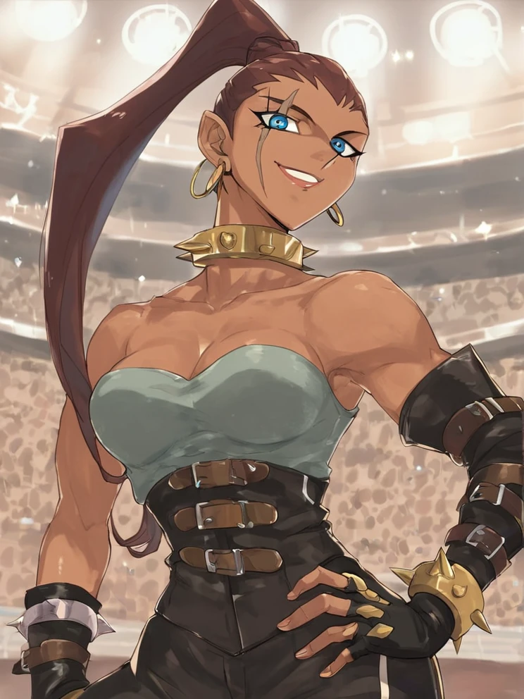 <lora:TaniaPony1.0:0.65> taniayugi, scar, 1girl, corset, solo, high ponytail, hoop earrings, long hair, spikes, spiked collar, blue eyes, earrings, brown hair, breasts, gloves,looking at viewer,  cleavage, bare shoulders, fingerless gloves, smile, spiked bracelet,hand on own hip, score_9, score_8_up, score_7_up, score_6_up,colosseum,