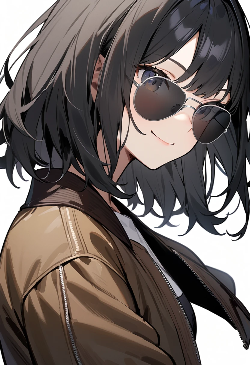 masterpiece, best quality, very aesthetic, absurdres, 
1girl, solo, black hair, medium hair, smile, upper body, bomber jacket, 
sg-AVIATOR, sunglasses, grey-framed eyewear,  darkgrey-tinted eyewear
, white background, simple background,
 <lora:sunglasses_aviator_SDXL_V1:1>