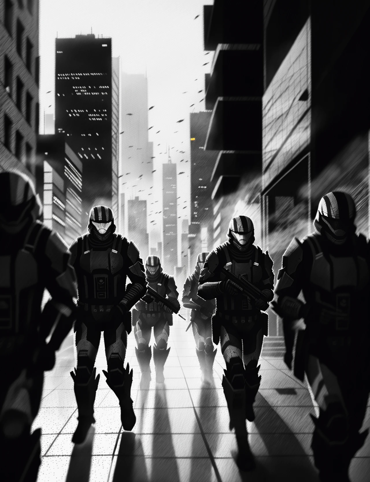 moody cinematic scratchy monochrome illustration of a squad of ODSTs walking in a city, wielding battle rifles