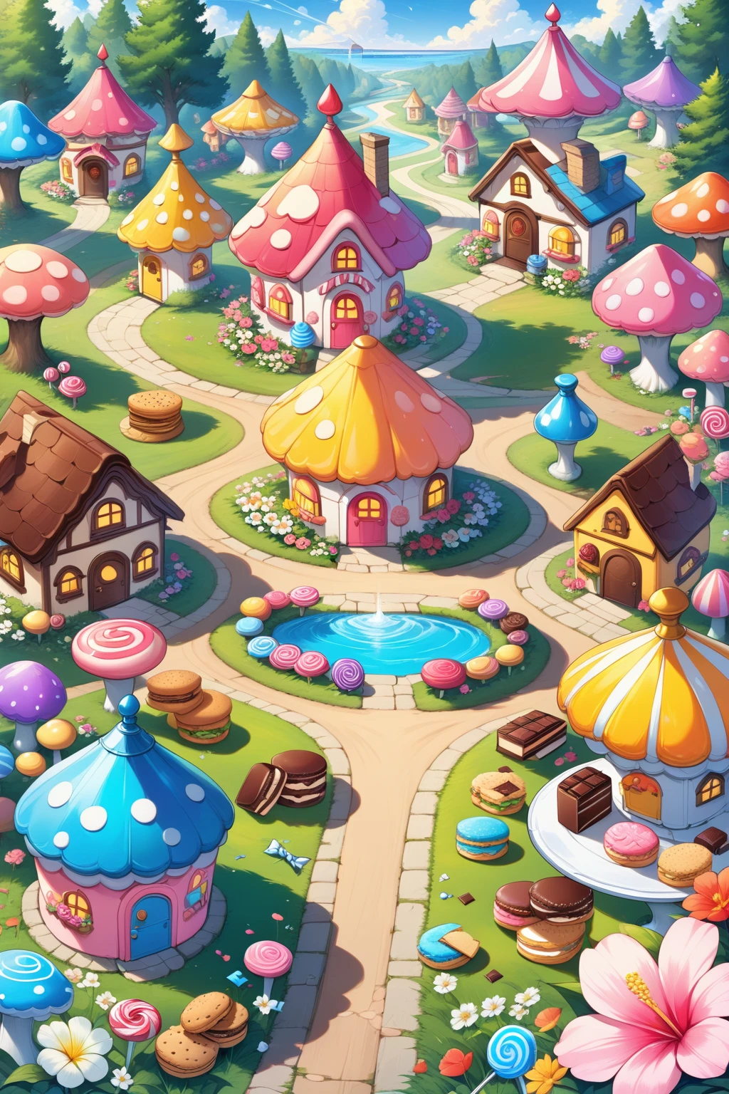 Mushroom houses, trees, roads, candy, sandwich cookies, chocolate, HD, masterpieces, best quality, summer, flowers, blooming flowers, spray paintï¼  <lora:lora:0.7>