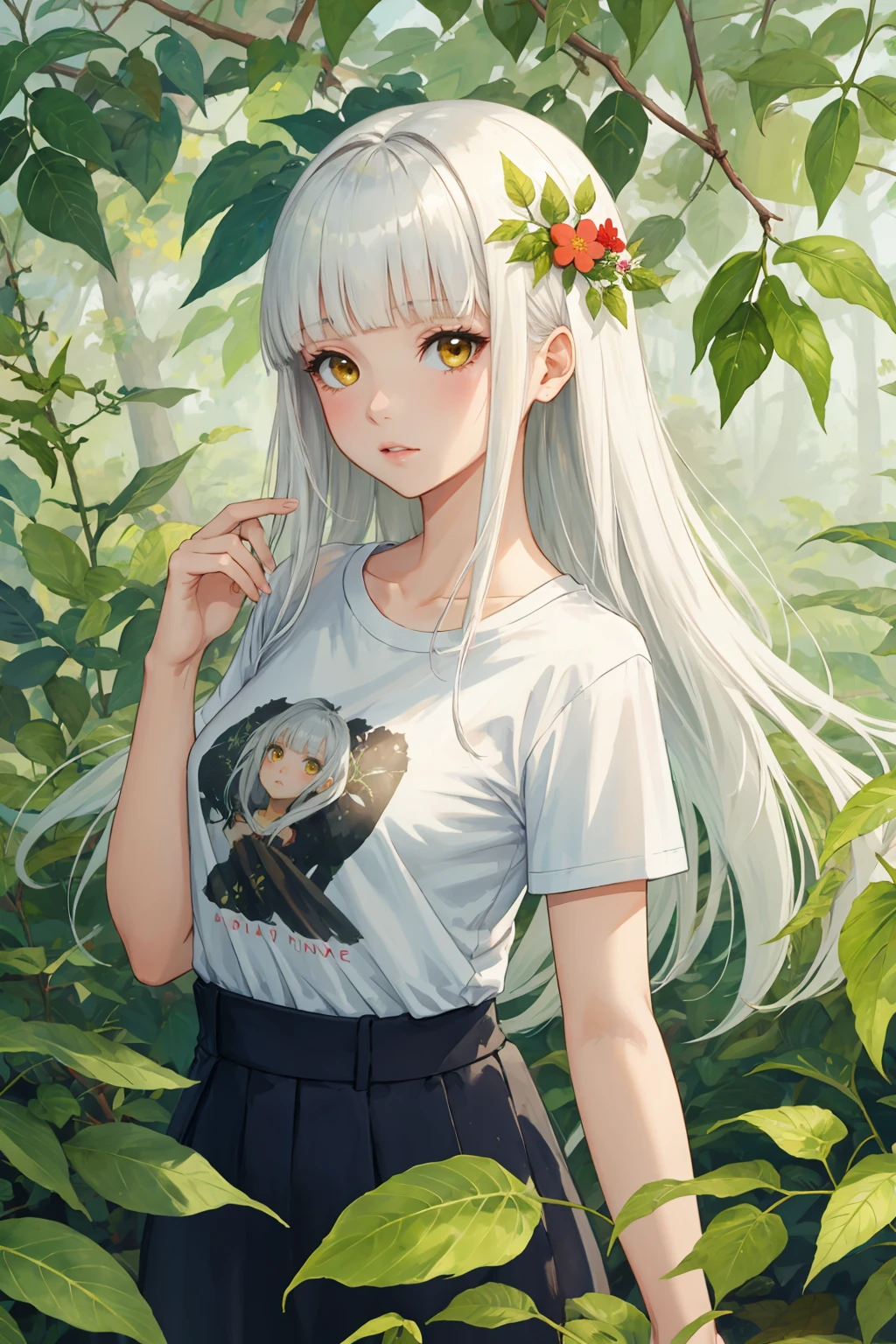 1girl, hazel yellow eyes, white hair, long hair, blunt bangs, hime cut, small breast, t-shirt, watercolor style, flower, leaf, vines, floral work