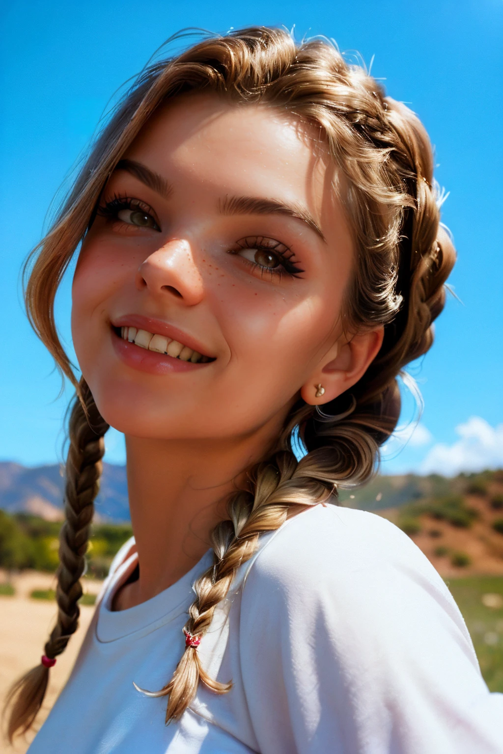 <lora:bougiebbv6-000009:1>, best quality, masterpiece, photorealistic, ultrarealistic, professional photograph shot, extreme close portrait, photograph of b3ug3e ,long hair, looking at viewer, smile, outdoors, sky, teeth, day, grin, twin braids, blue sky, head tilt, shirt,
shallow depth of field, vignette, highly detailed, high budget Hollywood movie, bokeh, cinemascope, moody, epic, gorgeous, film grain, grainy