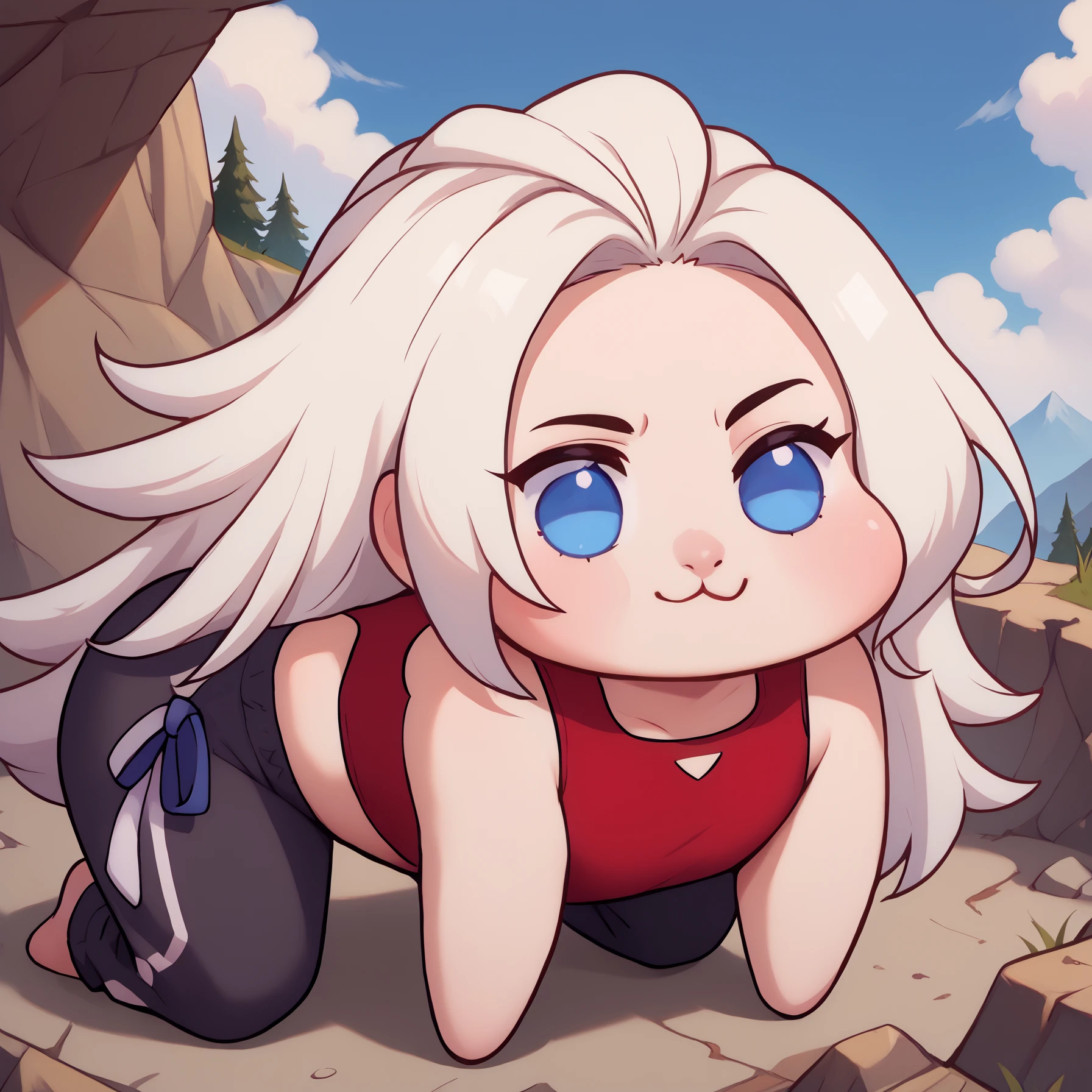 score_9, score_8_up, score_7_up, detailed, shaded, soft shading, BREAK 1girl, solo, MarianKelly, blue eyes, blue eyeliner, white hair, long hair, <lora:MarianKellyPDXL_V1-Manityro-CAME:1.0>, outdoors, mountain, cliffside,  
<lora:Doro_X_PDXL_V1:1.2>, doro, creature, :3, chibi, no humans, four legs, solid circle eyes, no pupils, all fours, forehead,
Red sports bra, black pants, baggy pants