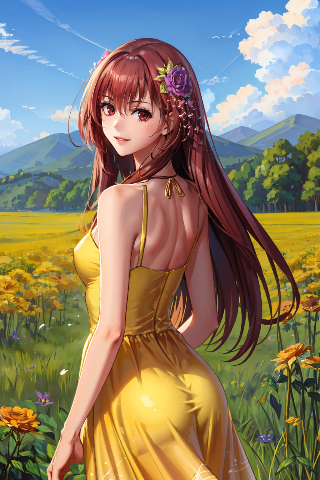 (masterpiece, best quality:1.2), from behind, solo, 1girl, scathachheroic, smile, looking back, (yellow sundress:1.1), flower field <lora:fate_scathach_heroic:0.9> <lora:YellowSundress-45:1>