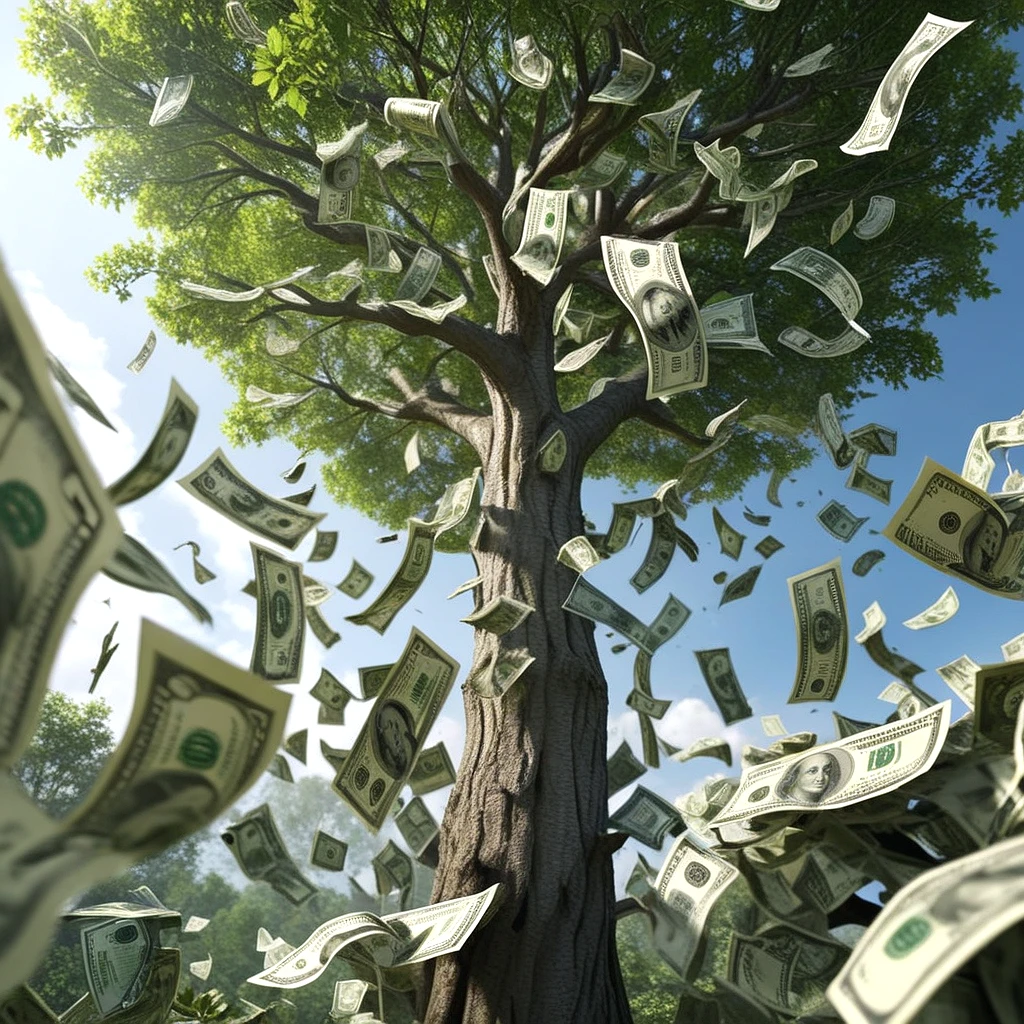 best quality, photorealistic, accurate, masterpiece,  Money grows on trees, exciting, Tall tree, money tree, dollar bills fall from the branches into the air and float to ground, intricate detailed money , symmetrical, dynamic lighting and shadows, vibrant, high contrast, 16K