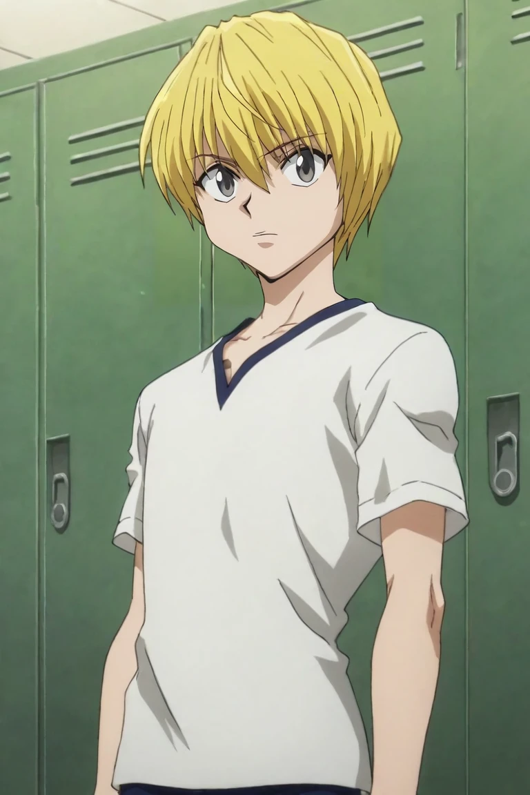 score_9, score_8_up, score_7_up, score_6_up, score_5_up, score_4_up, BREAK source_anime, anime screencap, , , looking at viewer, upper body, , 1boy, solo, male focus, <lora:kurapika_hxh_pony:0.92>, kurapika_hxh, blonde hair, grey eyes, short hair, bangs, hair between eyes, dress shorts, , locker room, , <lora:sdxl_lightning_8step_lora:1>