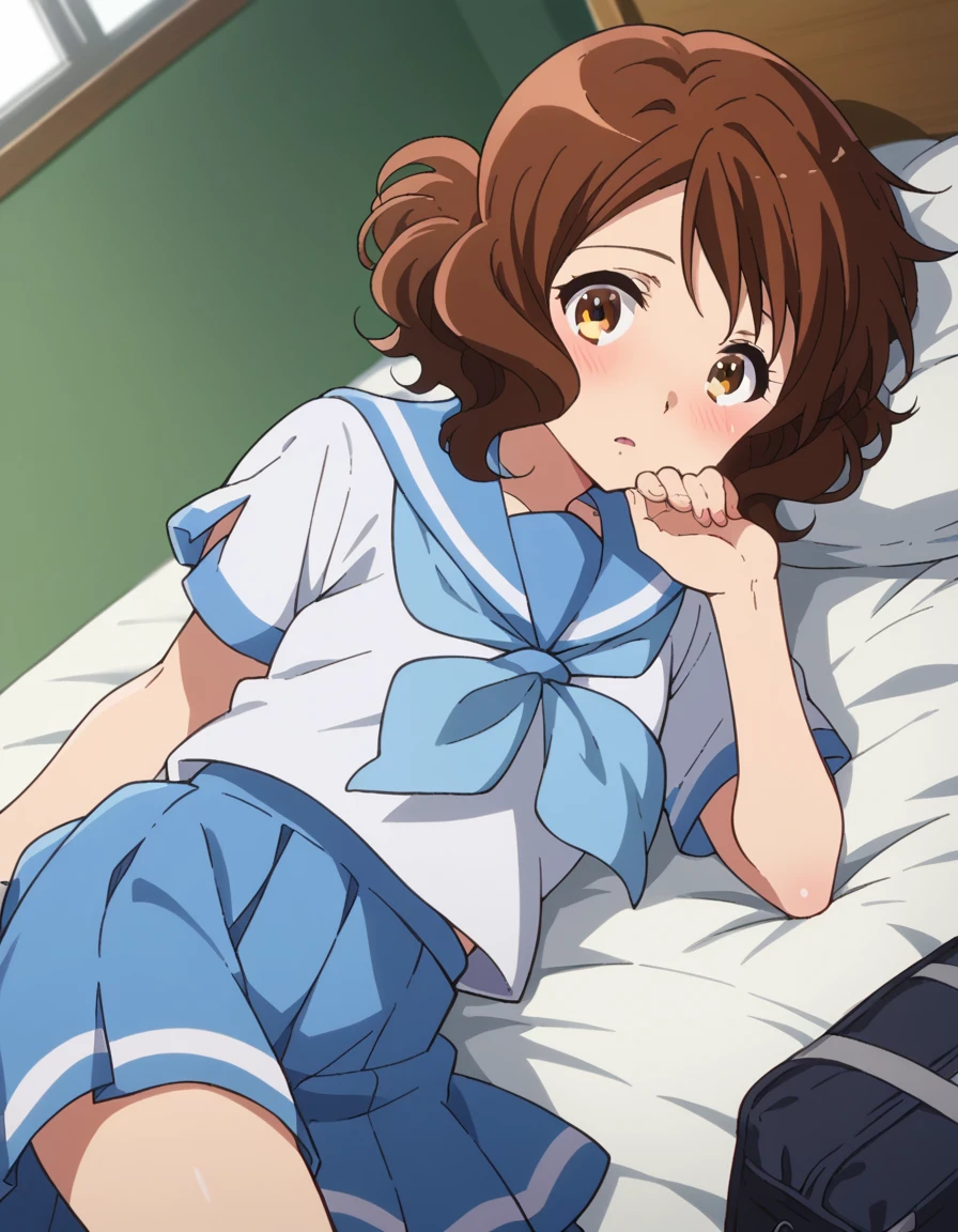 score_9, score_8_up, score_7_up, source_anime,
kumikooumae, <lora:kumiko-oumae-s2-ponyxl-lora-nochekaiser:1>,
kumiko oumae, brown eyes, brown hair, short hair, wavy hair,
skirt, shirt, school uniform, white shirt, short sleeves, pleated skirt, serafuku, sailor collar, blue skirt, neckerchief, blue sailor collar, school bag, blue neckerchief, kitauji high school uniform,
indoors, bed, bed room, on side, blush, drunk,
looking at viewer, cowboy shot, dutch angle,