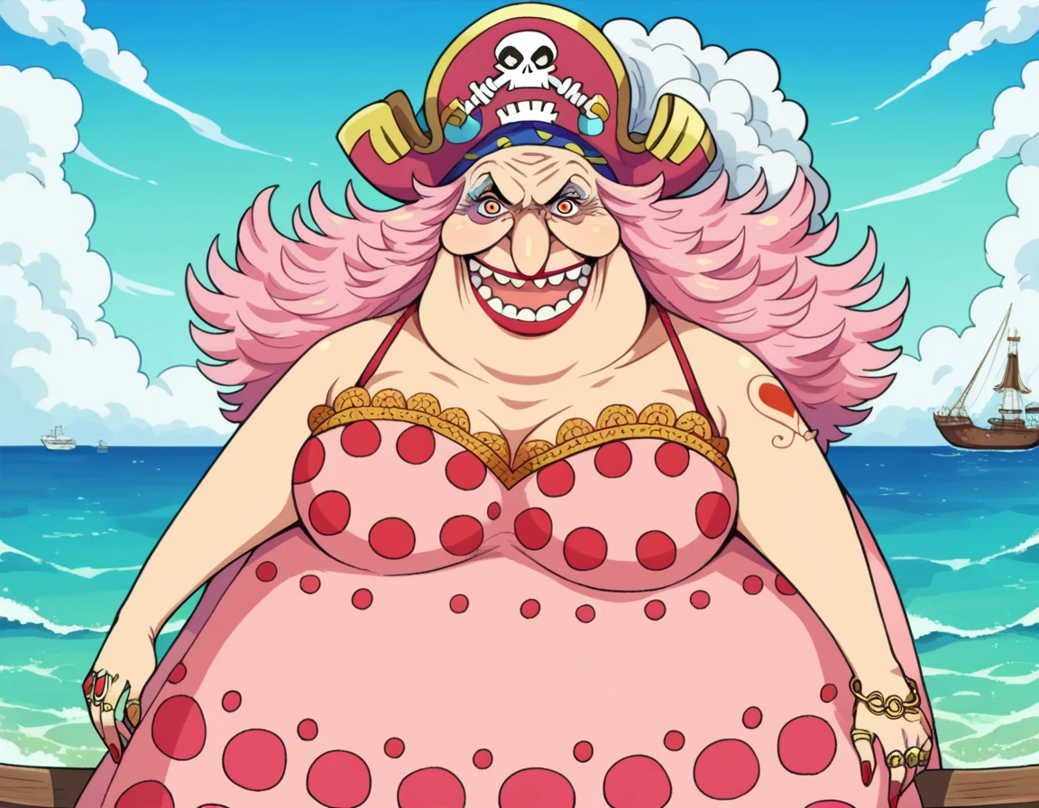 score_9, score_8_up, score_7_up, source_anime,
linlincharlotte, <lora:linlin-charlotte-ponyxl-lora-nochekaiser:1>,
linlin charlotte, pink hair, orange eyes, fat, giant, lipstick, makeup,
hat, dress, jewelry, ring, polka dot, pink dress, pirate hat, skull and crossbones,
outdoors, ship, ocean, pirate ship,
(portrait:1.5),