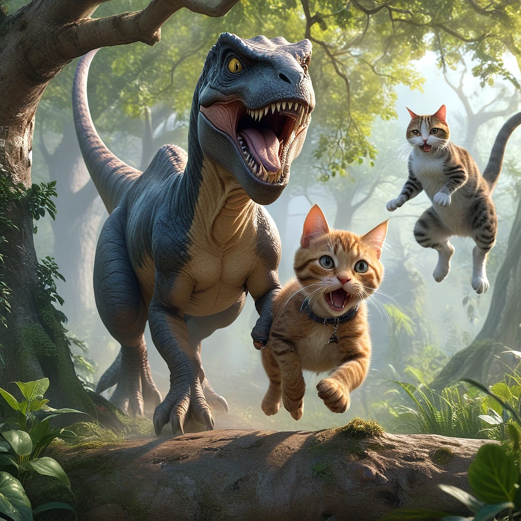 highest quality, clean, clear, masterpiece, detailed fantasy cover art of t-rex chasing a cat, the cat is scared and running up a tree, symmetrical, 32K, post processing, Ultra Detailed, photorealistic