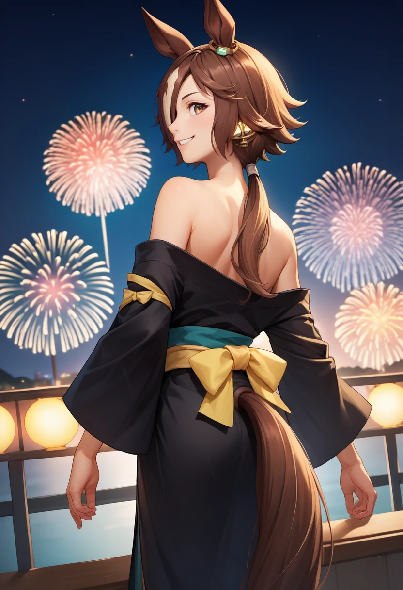 score_9, score_8_up, score_7_up, source_anime, from behind, solo, 1girl, umpdvodka, smile, looking back, hair over one eye, ponytail, animal ears, black kimono, off shoulder, yellow sash, horse tail, bare shoulders, fireworks <lora:umamusume_vodka_ponyXL:1>