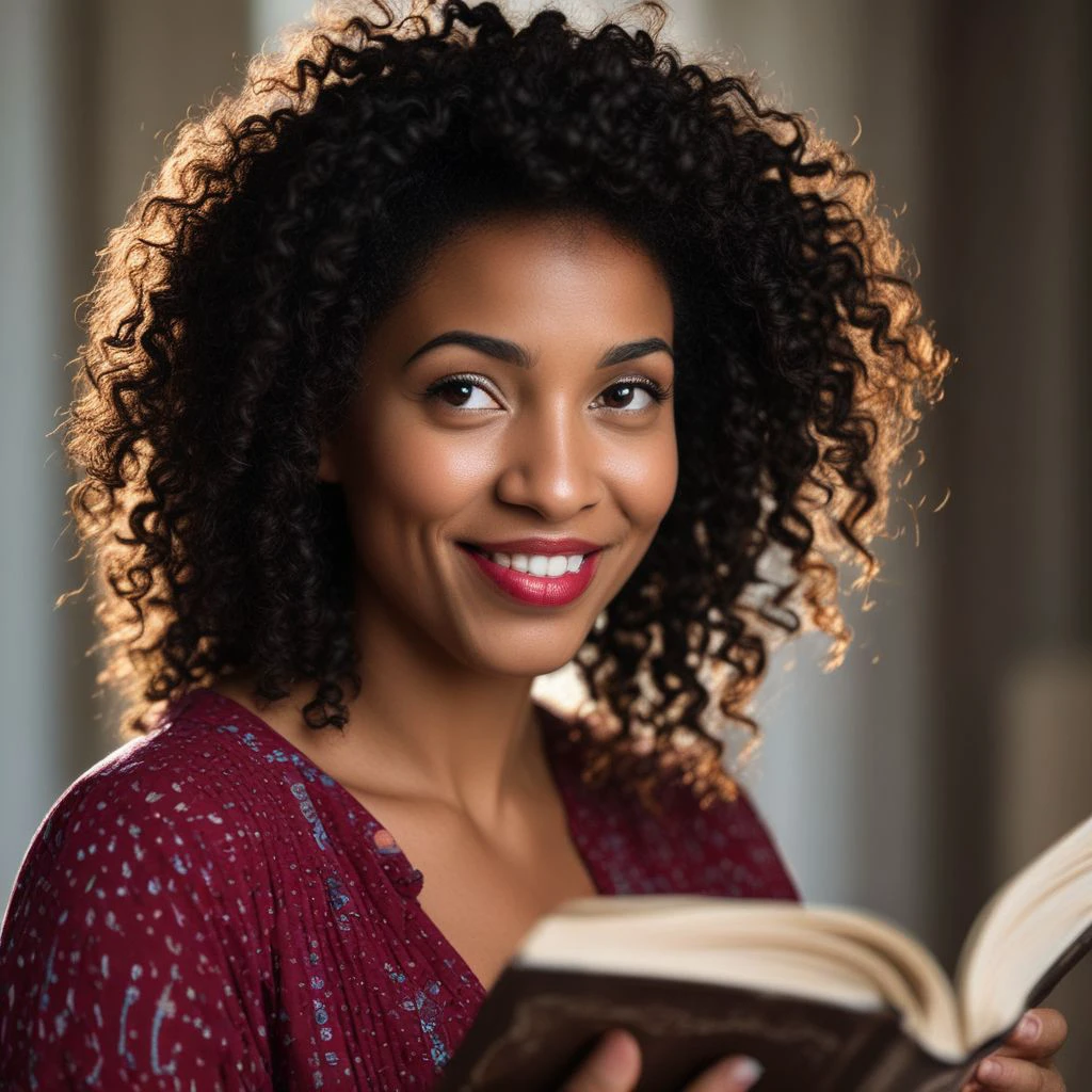 shallow_dof, Jamaican woman reading a book, black skin, high cheeks, (chubby face:1.3), brown eyes, red lips, smile, curly black hair to her shoulders, close-up, detailed face, backlit, spotlight on face