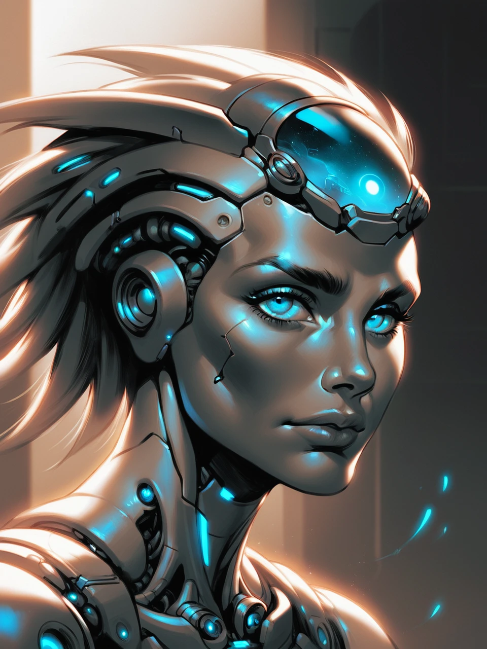 bpe-bluetone (cyborg robot:1.3) bpe-scifi bpe-sepia
(visiting post station) stable, standing, indoors, horizon, abstract punk haircut on head, rugged, stoic, looking at viewer, grit,
pny-safe
