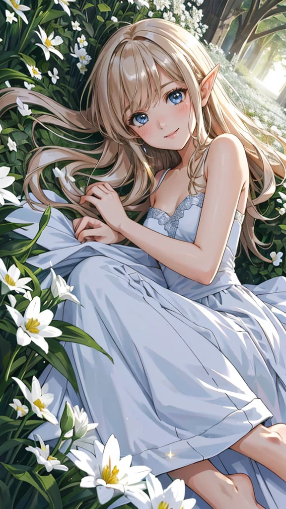 masterpiece, best quality, elf adventurer lying down in a field of white flowers, foliage dress, barefoot, looking at viewer, smug, smirk, blushing, (ultra-detailed body), dutch angle, cinematic, volumetric lighting, sunbeam, soft lighting, mystical, magical, rim lighting, fantasy, sparkle, glittering