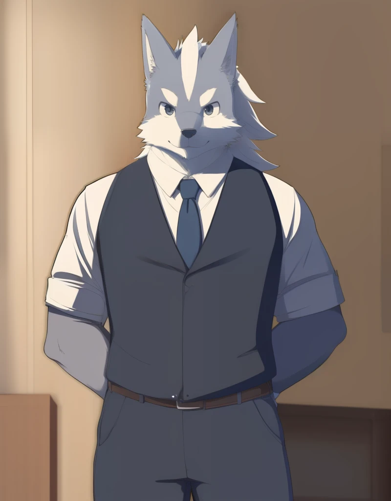 (((detailed eyes, detailed face))), (furry, sousuke <lora:character_sousuke_findigo_v1:0.9>, two-tone fur, grey fur, long hair, dog boy, snout, black eyes), male, (solo), (plump), (black vest, grey pants), standing, (arms behind back), smile, (front view) BREAK (konzaburou, ukan_muri, cute), bedroom, (flat shading, flat color, high brightness), 8k, UHD, masterpiece, (full body:1.8)