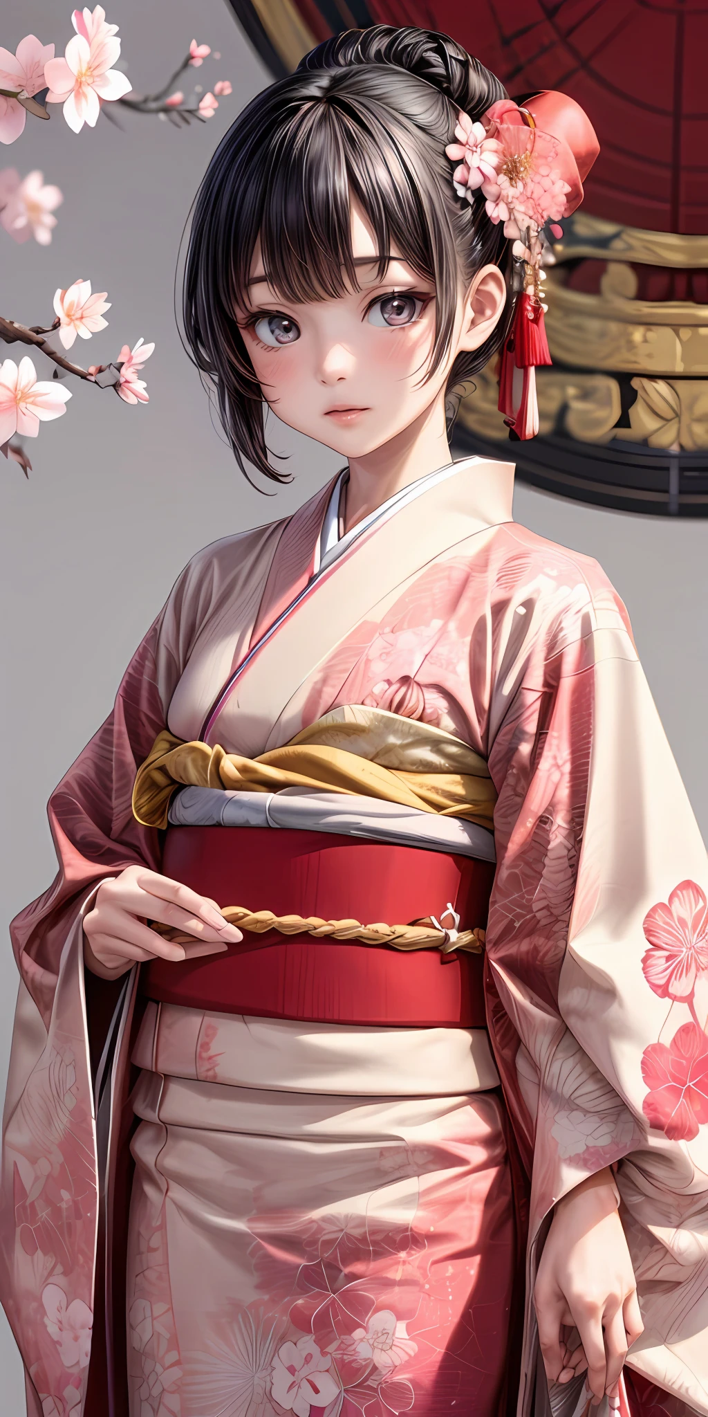 (masterpiece,ultra-detailed,best quality,8K,CG,illustration,shaved:1.0),(girl:1) <lora:more_details:1>,simple background <lora:furisode v1.0:0.5> jyojifuku, furisode, kimono, hair ornament, long sleeves,cherry blossom