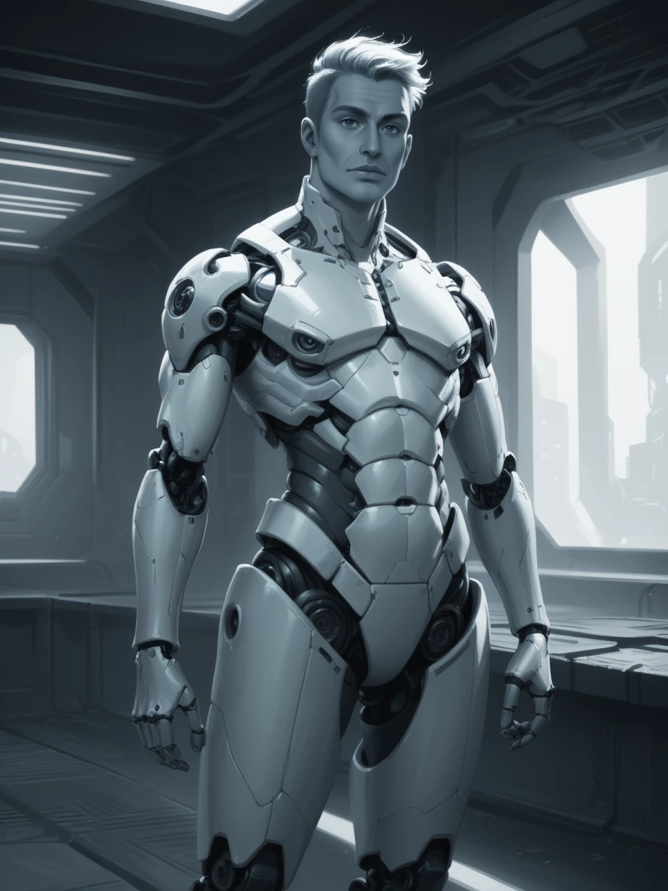 bpe-bluetone (cyborg robot:1.3) bpe-scifi
(visiting post station) stable, standing, indoors, horizon, abstract punk haircut on head, rugged, stoic, looking at viewer, grit,
pny-safe