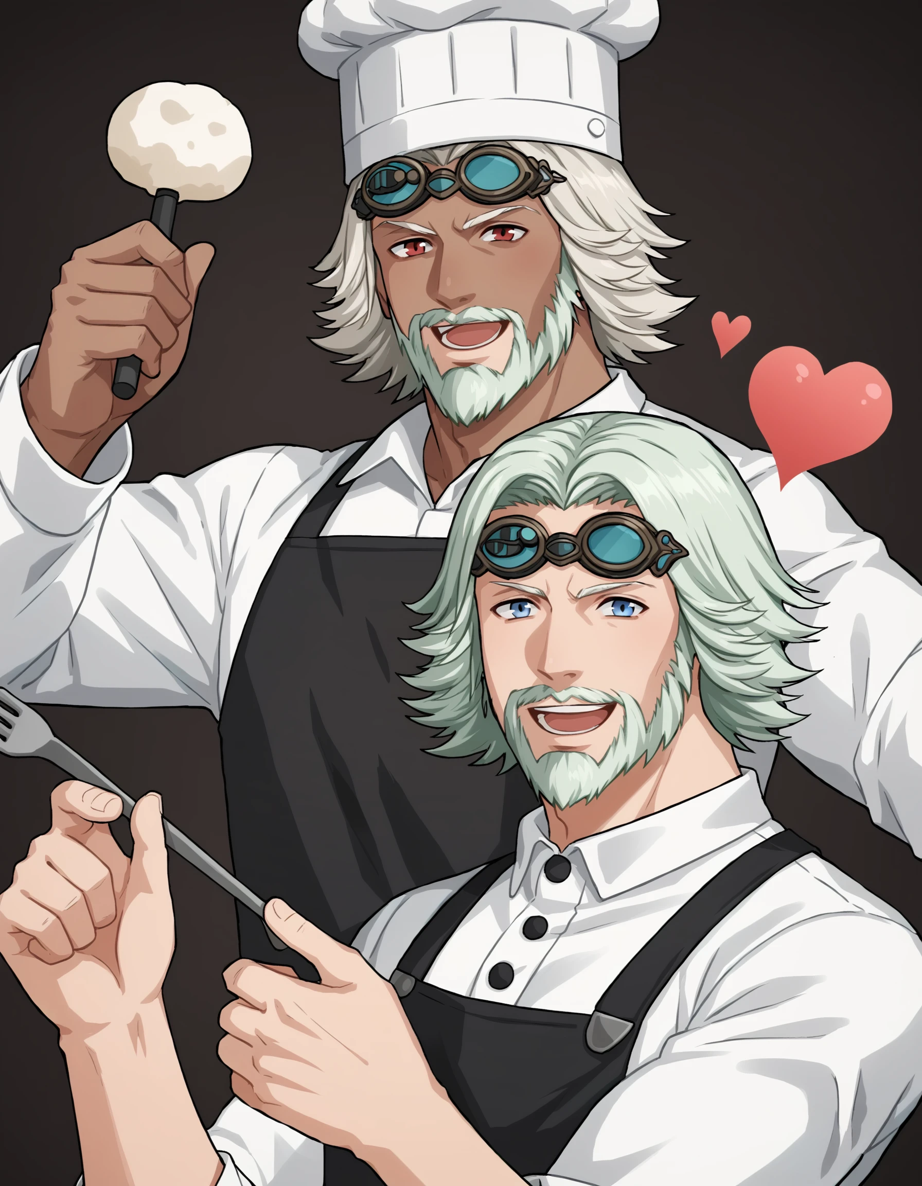 cidnangarlondffxiv, facial hair, 1boy, chef hat, blue eyes, chef, dark skin, green hair, heart, glasses, hat, beard, goggles, white hair, goggles on head, open mouth, mustache, apron, smile, male focus, short hair, shirt, red eyes, holding, dark-skinned male, looking at viewer, brown hair, <lora:CidFFXIVPDXL:0.8>