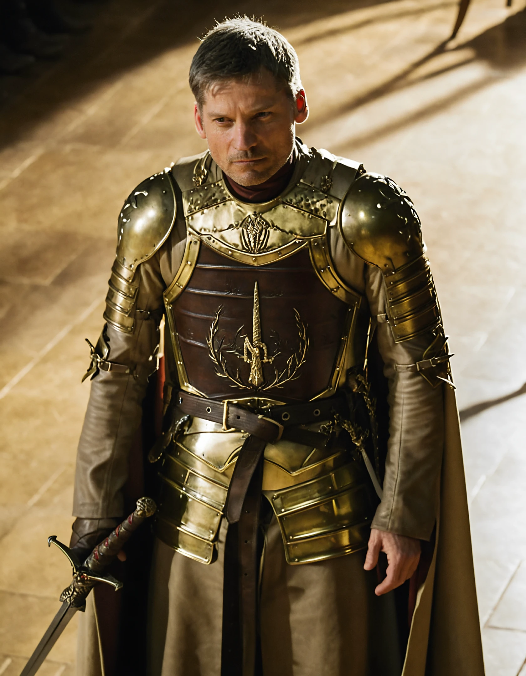 high resolution photo of jme man with short grey hair,high-angle shot,wearing golden armor,full body shot,(holding a sword:1.2),volumetric lighting,the shot is cinematic,highly detailed skin