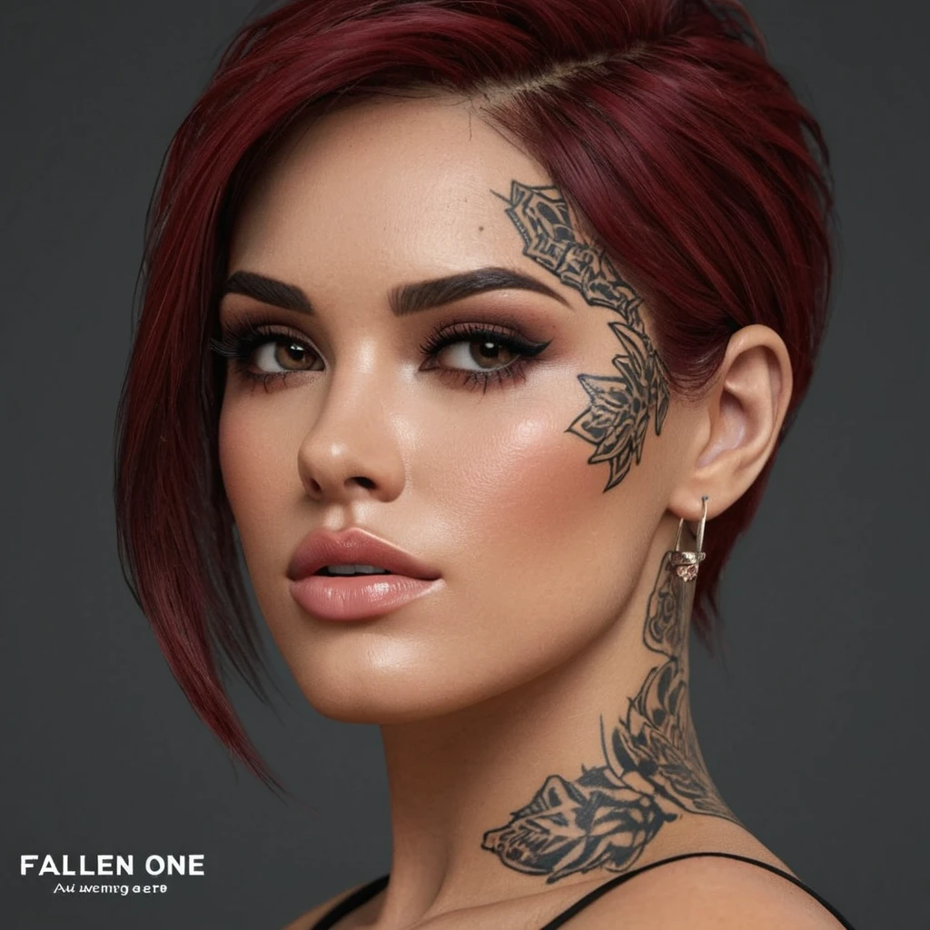 DAZ 3D render of a female face with a (((tattoo with English Text saying "Fallen One")))