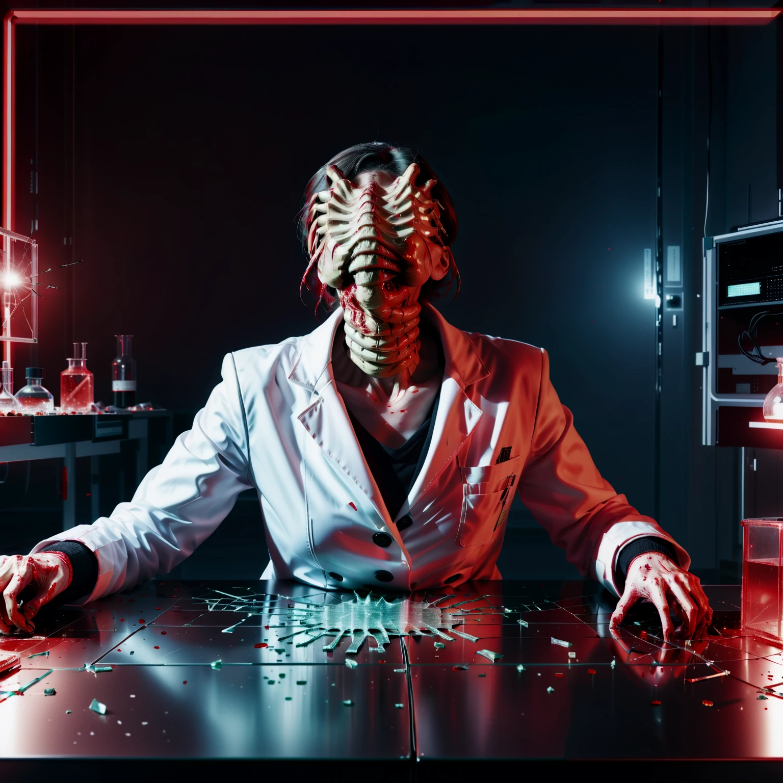 a woman in a lab coat and suit lying face up on a laboratory table with a fchgr covering her face, gripping the table, neck wrap, monster, alone, small breasts, science fiction, emergency lighting, broken glass, dark room, red glow,