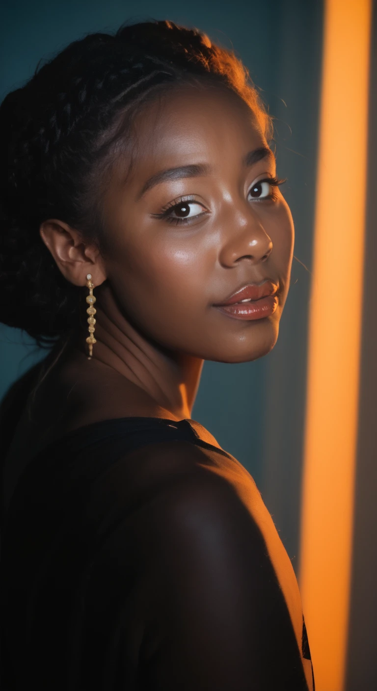 photo of Hyper realistic art Wonderful, intricate, (colorful, Afrofuturism art, black woman with the soul ethereal dragon spirit), black woman, black girl, dark skin, beautiful hazel eyes, ((dragon inspired clothes and jewelry with high details, blue and white and red and orange iridescent colors)), bright colors, alchemist, cinematic, 35mm film, 35mm photography, film, photo realism, DSLR, 8k uhd, hdr, ultra-detailed, high quality, high contrast, ice and stone, earth and moss, Side View, medium-shot, clear bright white sclera, raw, photo, realistic
