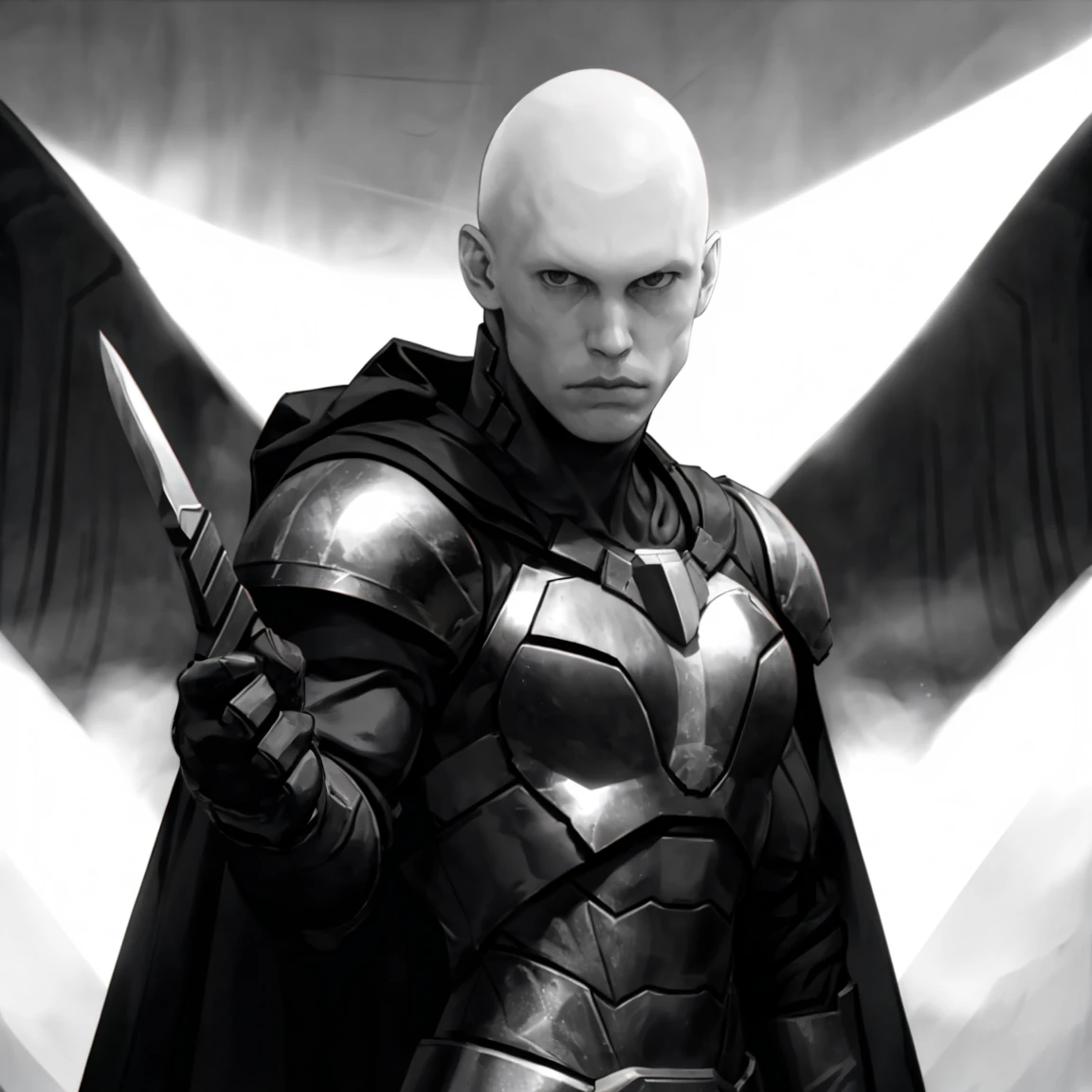 <lora:feydrautha_v1-15:0.9>, feydrautha, (realistic face, cinematic lighting, greyscale, monochrome:1.10), 1man, bald, pale skin, (front view, upper body, detailed background:1.20), black armor, slim, cape, holding a dagger, detailed fingers, black gloves, in an arena, science fiction, <lora:zoom_slider_v1:-4>