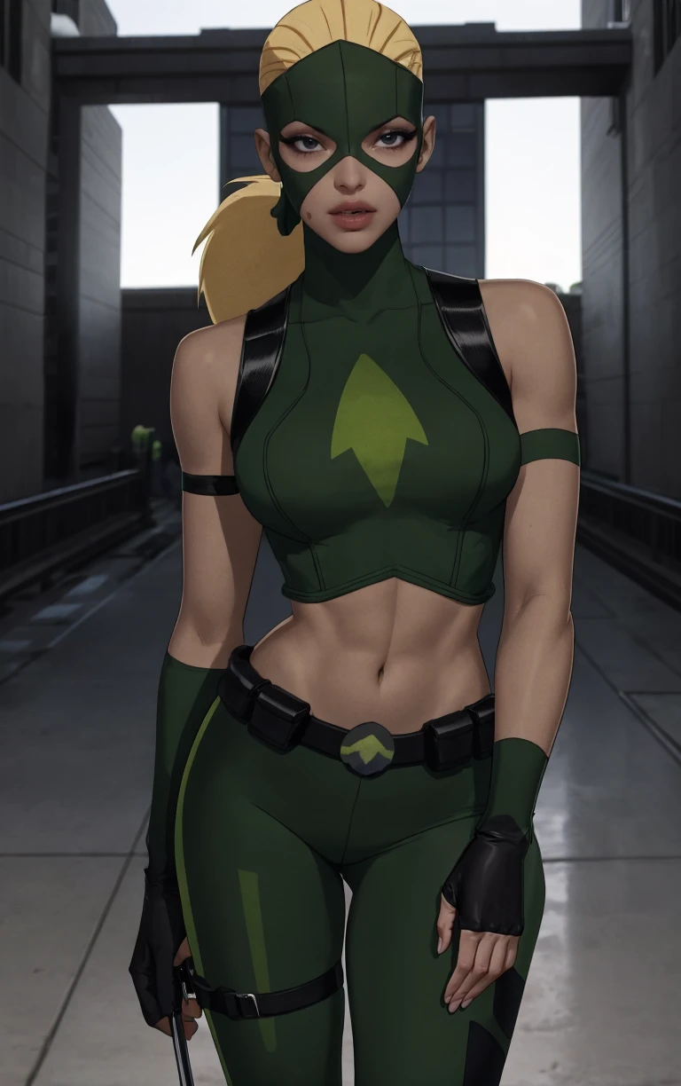 Costume_DC_YJ_Artemis_ownwaifu,
1girl, mask, domino mask,  blonde hair, very long hair, ponytail, dark skin, dark-skinned female, lips, makeup, black eyes, toned, lipstick, medium breasts, breasts, 
 crop top, midriff, gloves, navel, quiver, belt, fingerless gloves, green gloves, bare shoulders, bodysuit, sleeveless,  elbow gloves, green pants, green shirt, green leotard,
<lora:CARTOON_DC_YJ_Artemis_ownwaifu:1> 
((masterpiece)),((best quality)),(highres, absurdres), original, official_art, looking at viewer, solo, focused, outdoors, day, cowboy shot,