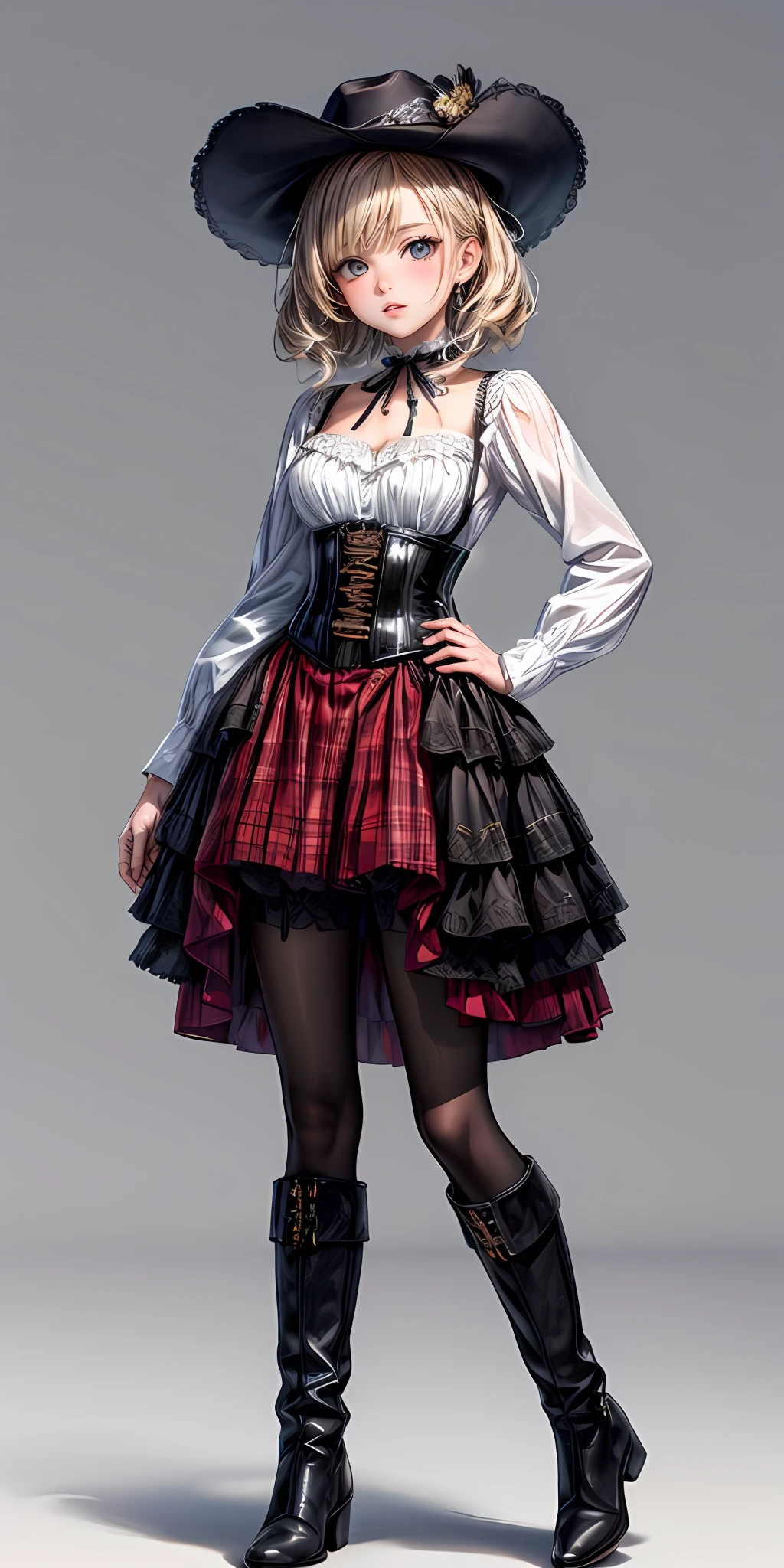 (masterpiece,ultra-detailed,best quality,8K,CG,illustration,shaved:1.0),(girl:1) <lora:more_details:1>,simple background,cowboy shot
<lora:dress corset v1.0:0.5> jyojifuku, hat, boots, corset, belt