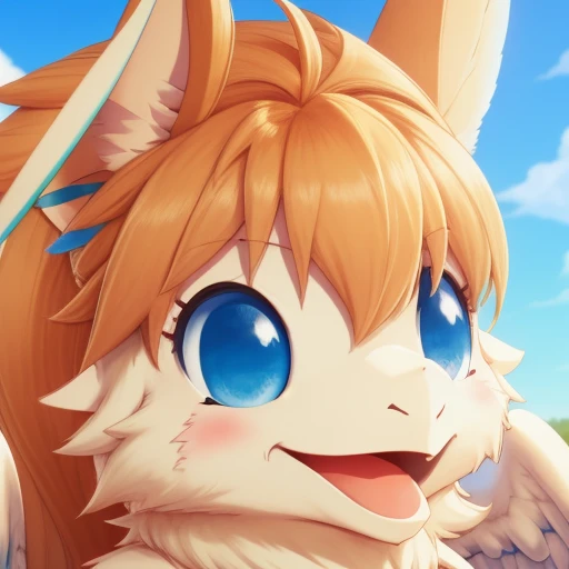 1animal, solo, flam_mana, wings, blue eyes, blonde hair, fang, sky in background, tail, fur, looking at the viewer, focus on face, close up <lora:Flammie_White_Dragon_from_Mana_video_games_series:1>